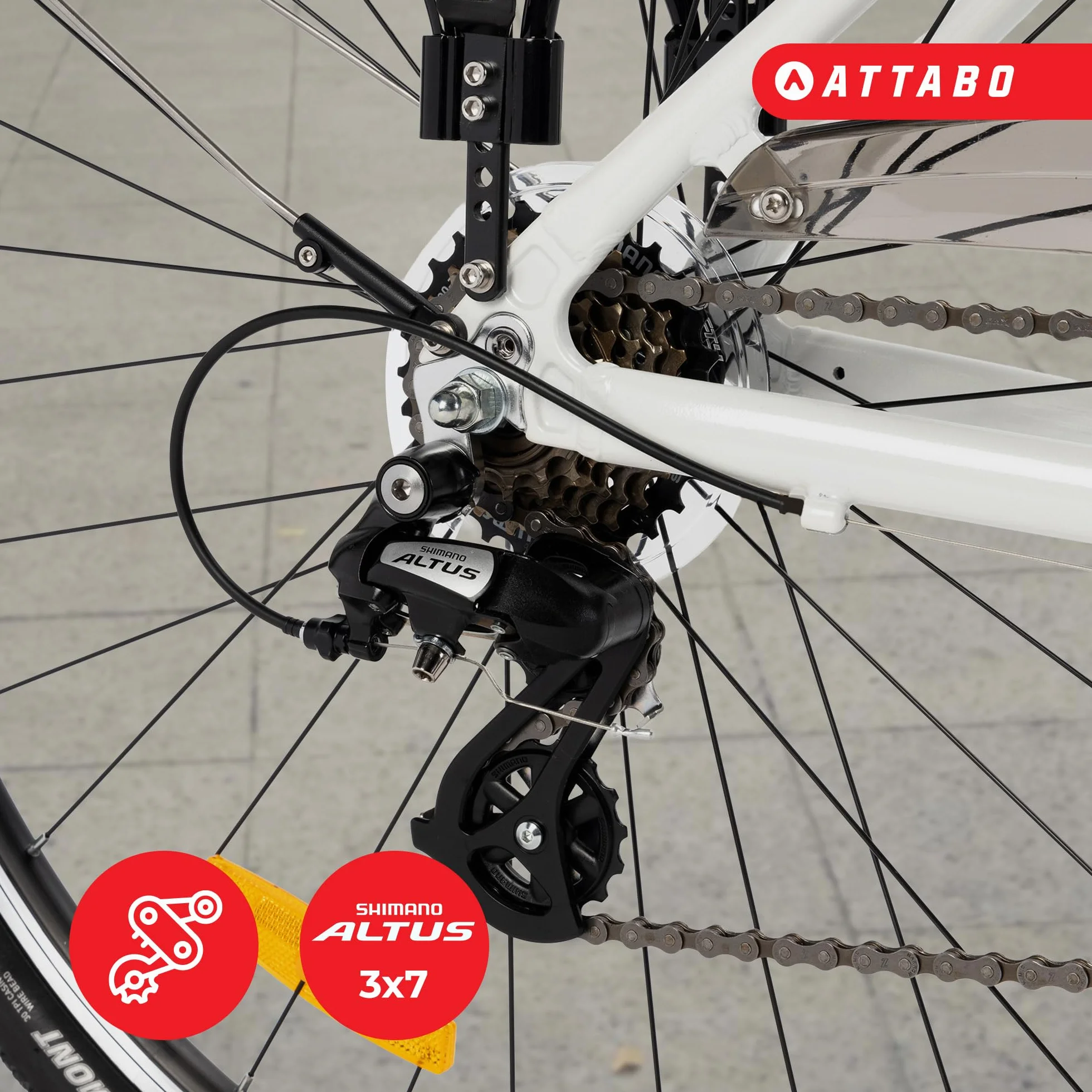 ATTABO Rower trekkingowy damski z ramą 17"-19", ergonomiczna kierownica, hamulce V-Brake, wytrzymały, biały rower z kołami 28", z niskim bagażnikiem, dzwonek rowerowy i odblaskami