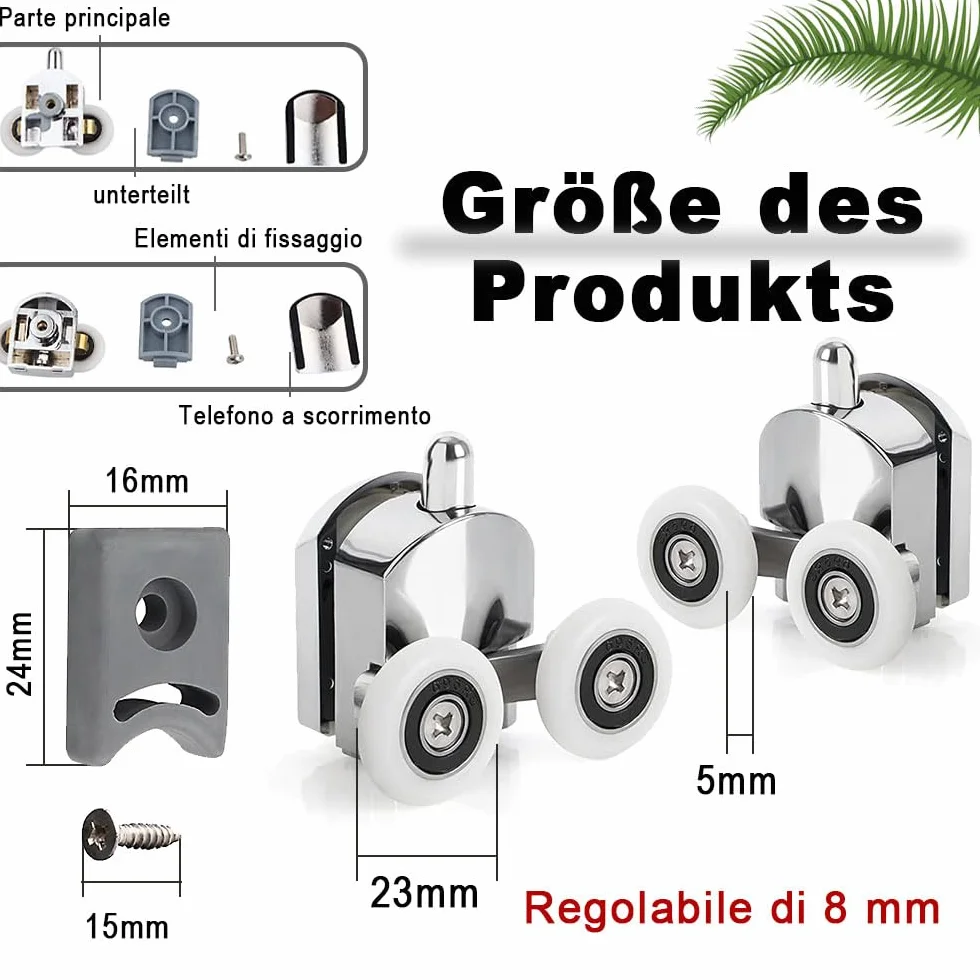 Voarge Zakrzywione kółka do drzwi prysznicowych 23 mm srebrne 2 górne + 2 kółka