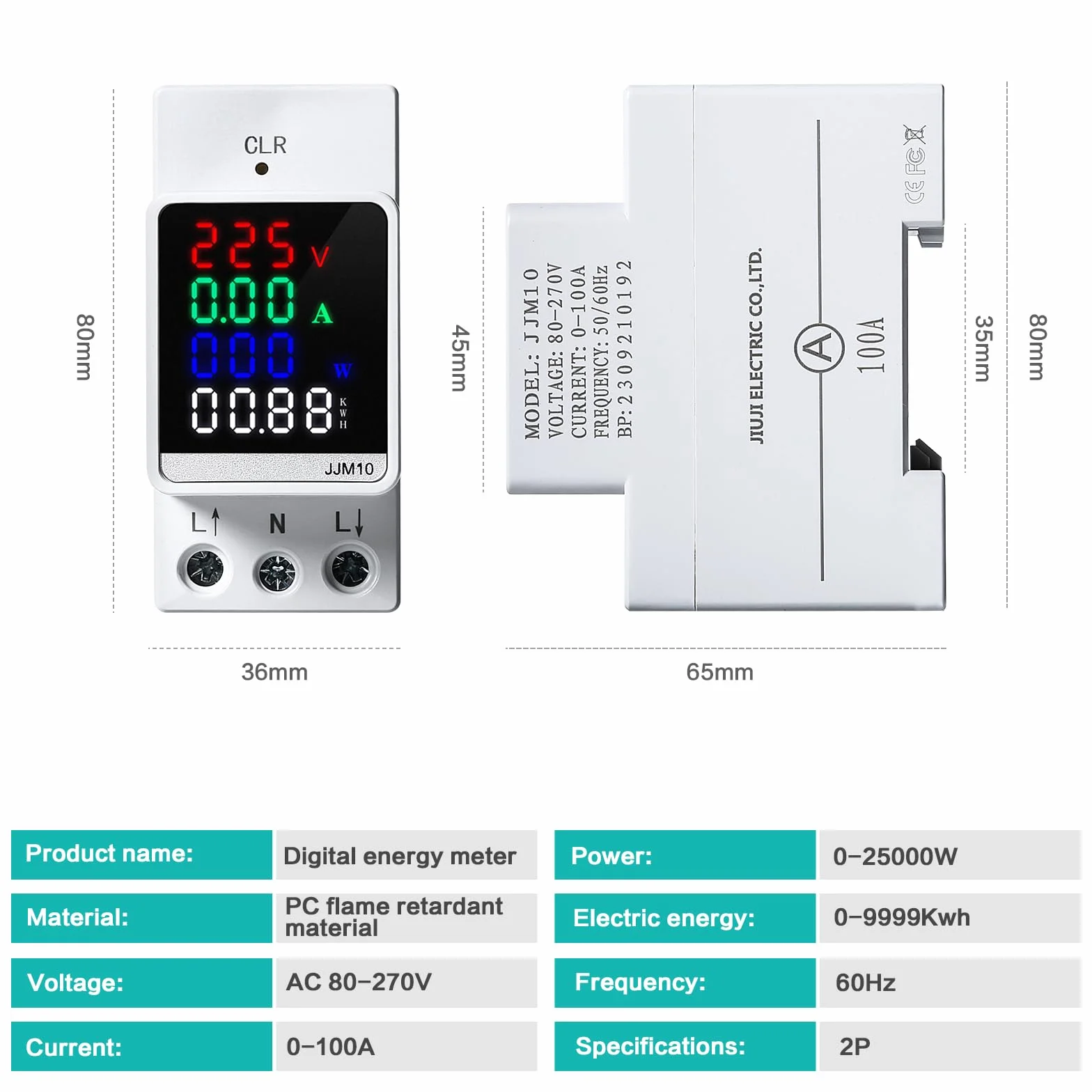 Jadeshay Licznik prądu na szynę montażową, cyfrowy jednofazowy LCD AC80-270V 100A amperomierz woltomierz KWh