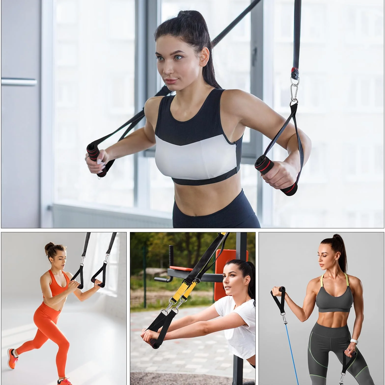 Fintronic uchwyty do taśm fitness, 2 sztuki, uchwyt jednoręczny, silikonowe uchwyty z karabińczykiem, uchwyt do taśm oporowych, akcesoria do fitnessu, wieży siłowej, cięgna, tricepsów