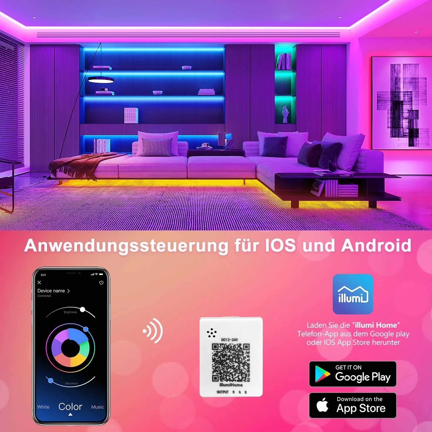 Taśma LED Bluetooth RGB 15 m z pilotem i aplikacją, synchronizacja z muzyką, 16 mln kolorów