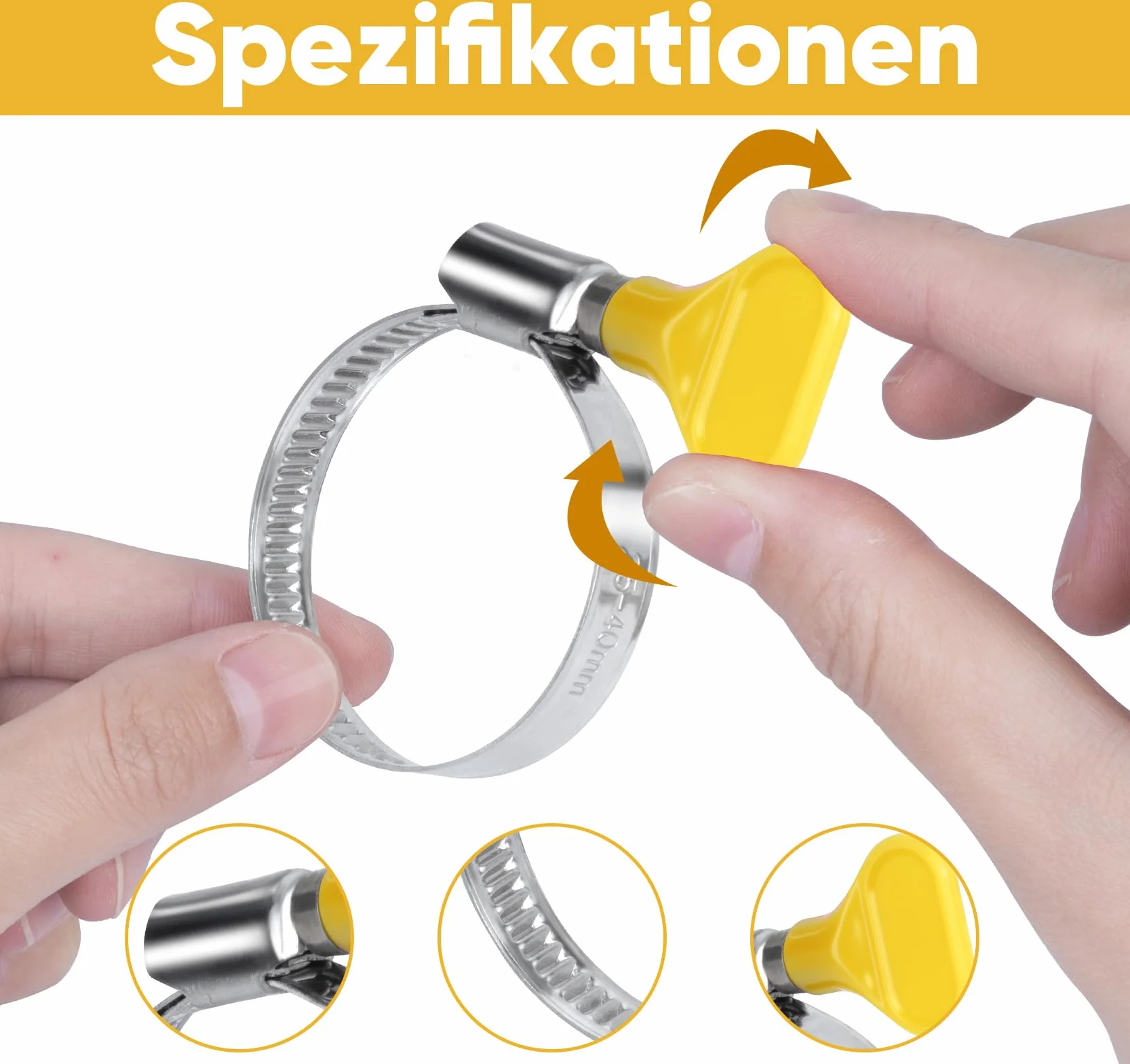 Zestaw 12 obejm do węża 25-40 mm regulowane klipsy stal nierdzewna zacisk z żółtym uchwytem