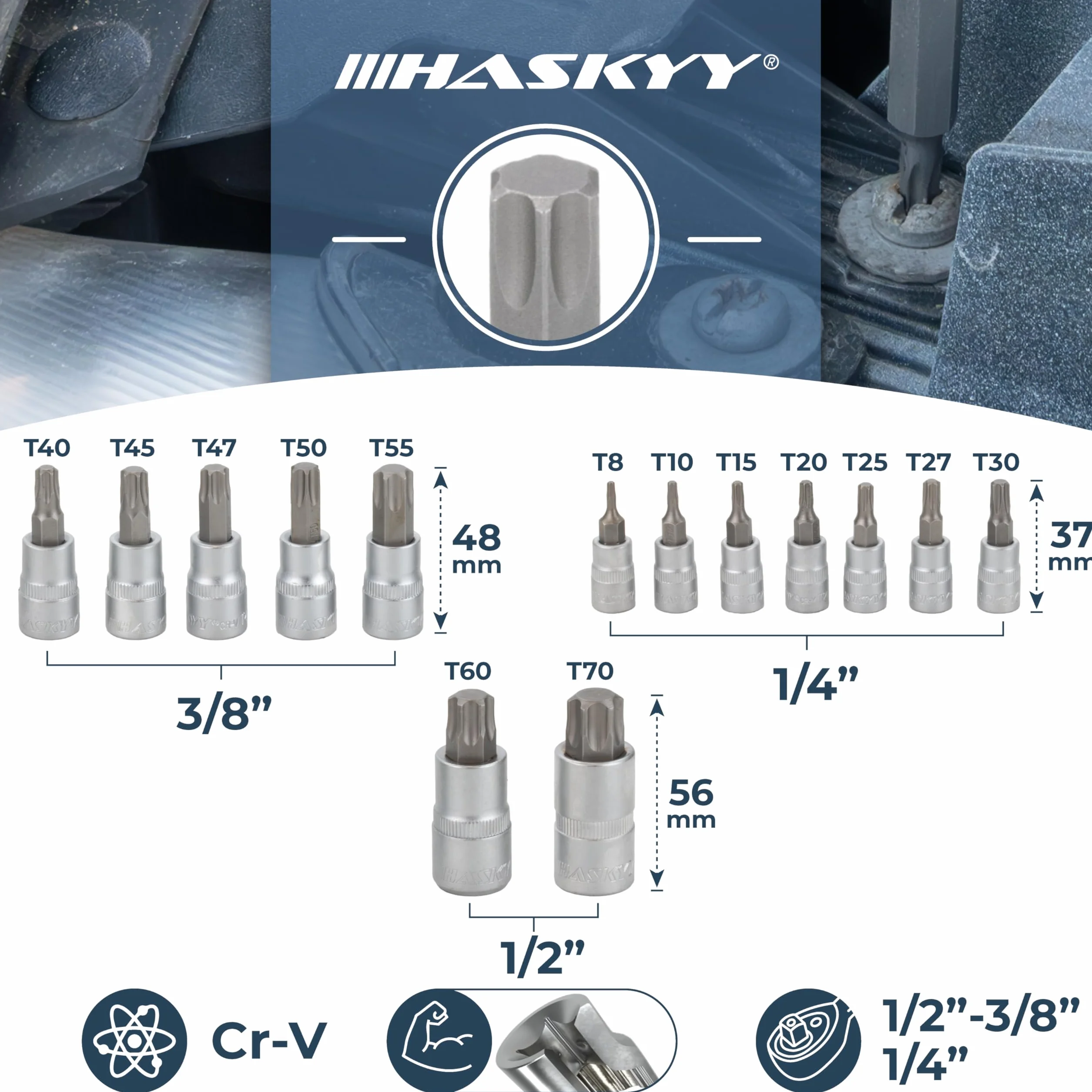 HASKYY Torx XZN 24-częściowy zestaw kluczy nasadowych T8-T70 M4-M18 1/4" 3/8" 1/2"
