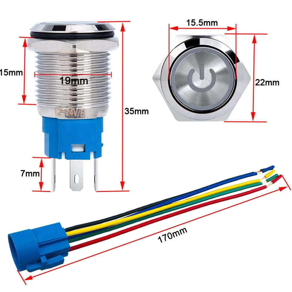 Automatyczny przełącznik przyciskowy 19 mm 12V/24V 5A wodoodporny IP67 stal nierdzewna z wtyczką przewodową żółta dioda LED