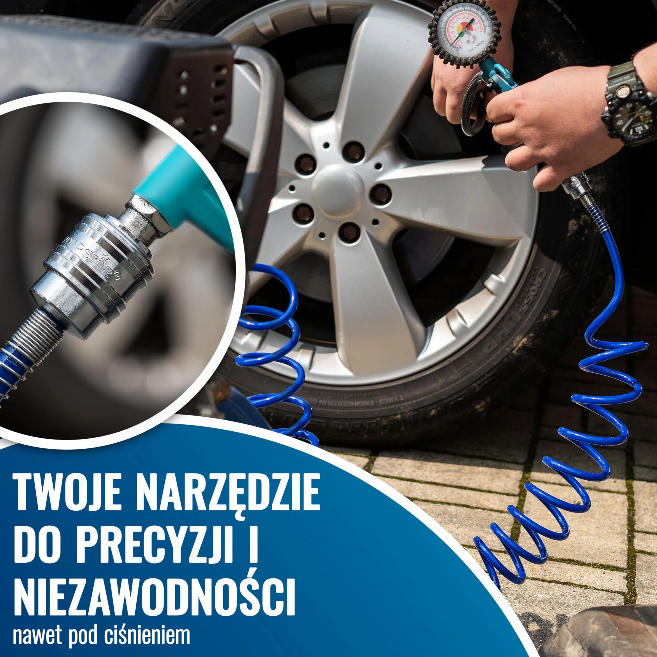 Poppstar zestaw akcesoriów do sprężonego powietrza: napełniacz do opon 0-16 bar, wąż spiralny 5m, pistolet przedmuchiwania 12 bar