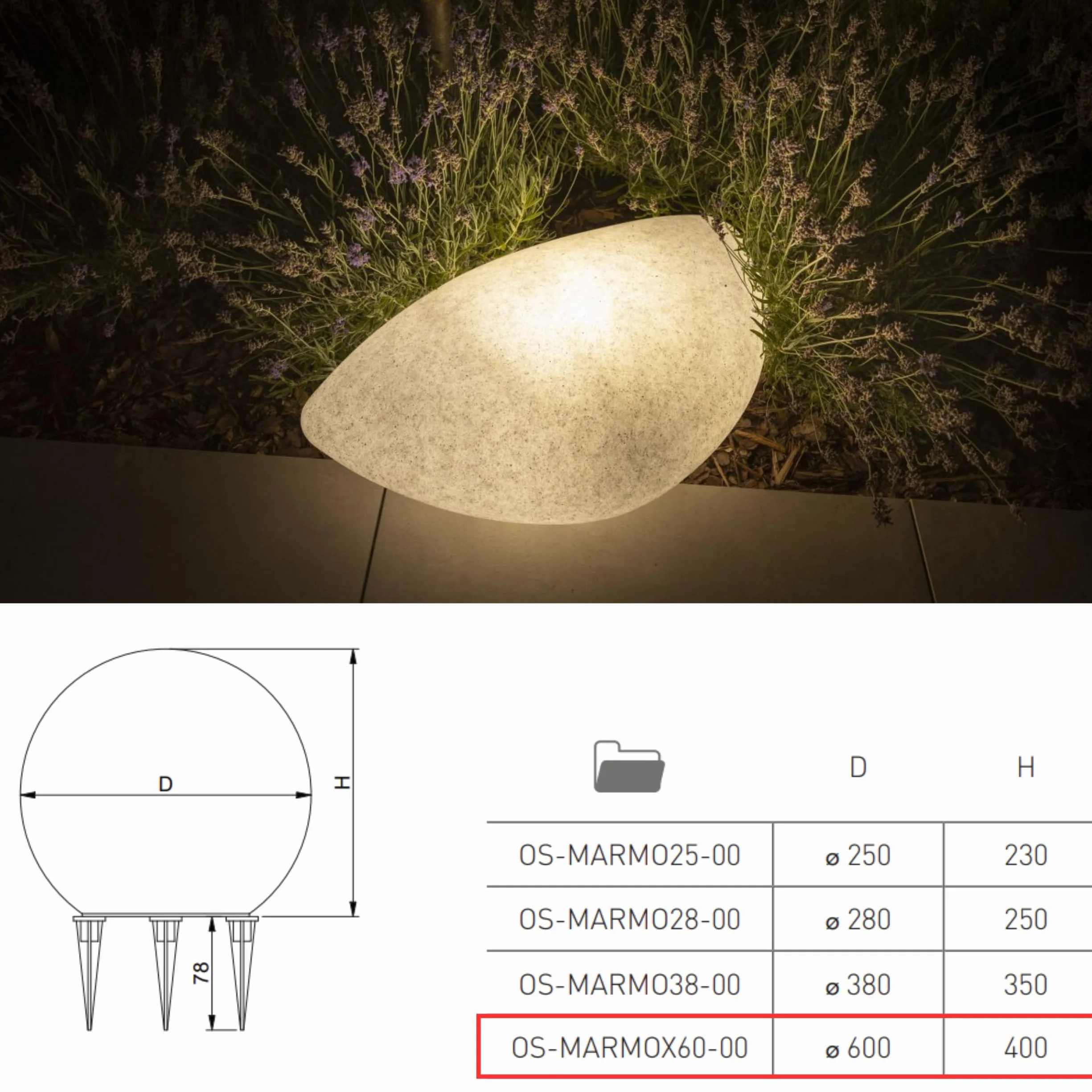 GTV Lampa zewnętrzna MARMO STONE Ø 60 cm kula ogrodowa E27 kabel 2,5 m poliwęglan odporna na warunki atmosferyczne
