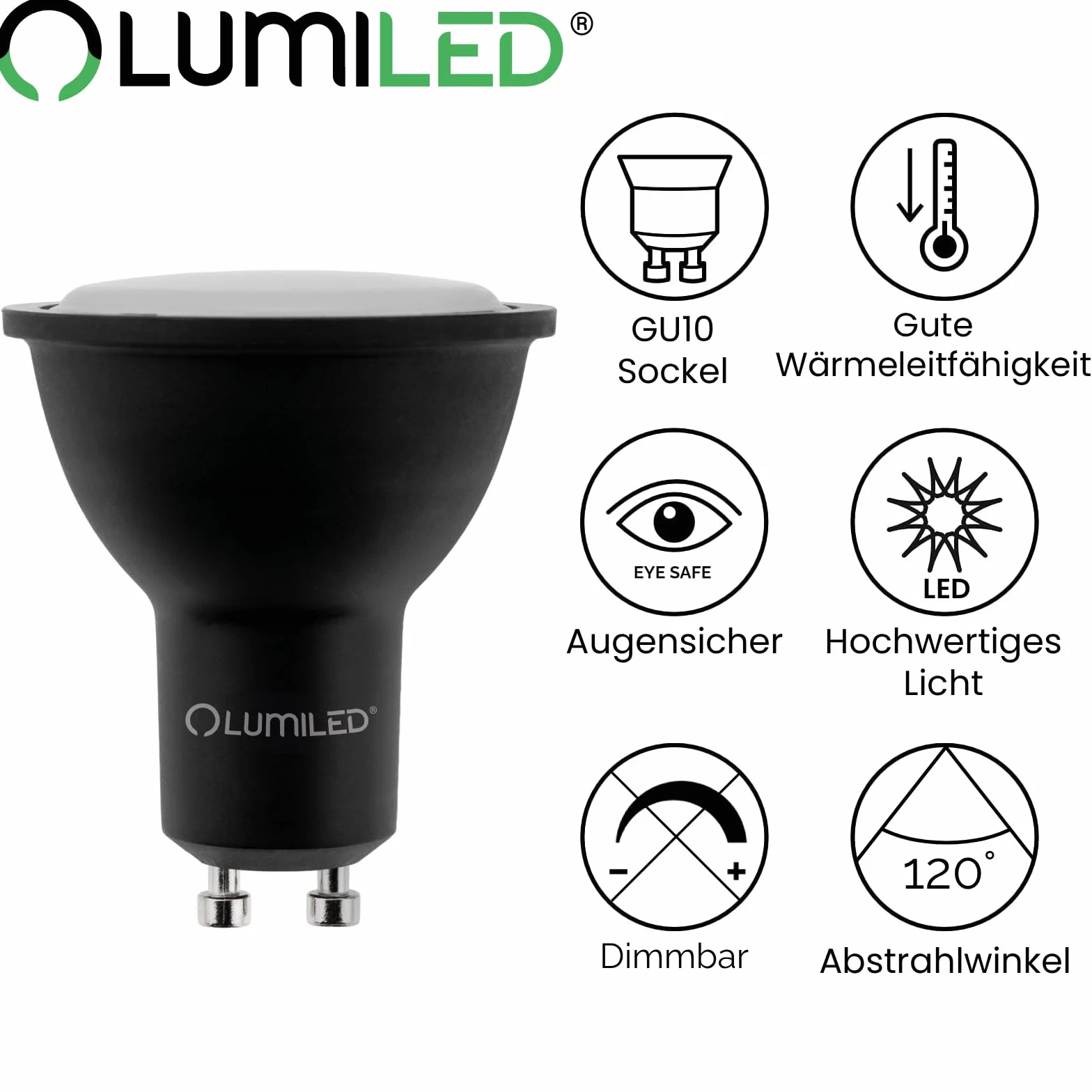 Lumiled Żarówka LED GU10 Reflektor PAR16 Czarna 6W 600lm 4000K Neutralna biel 120° Zestaw 10 sztuk