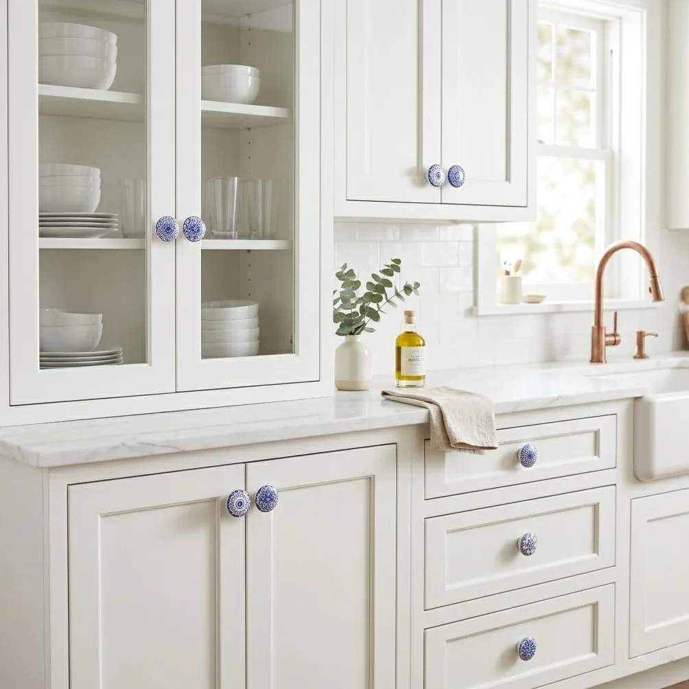 Ajuny Zestaw 10 ceramicznych gałek niebiesko-białych z nadrukiem do szafy