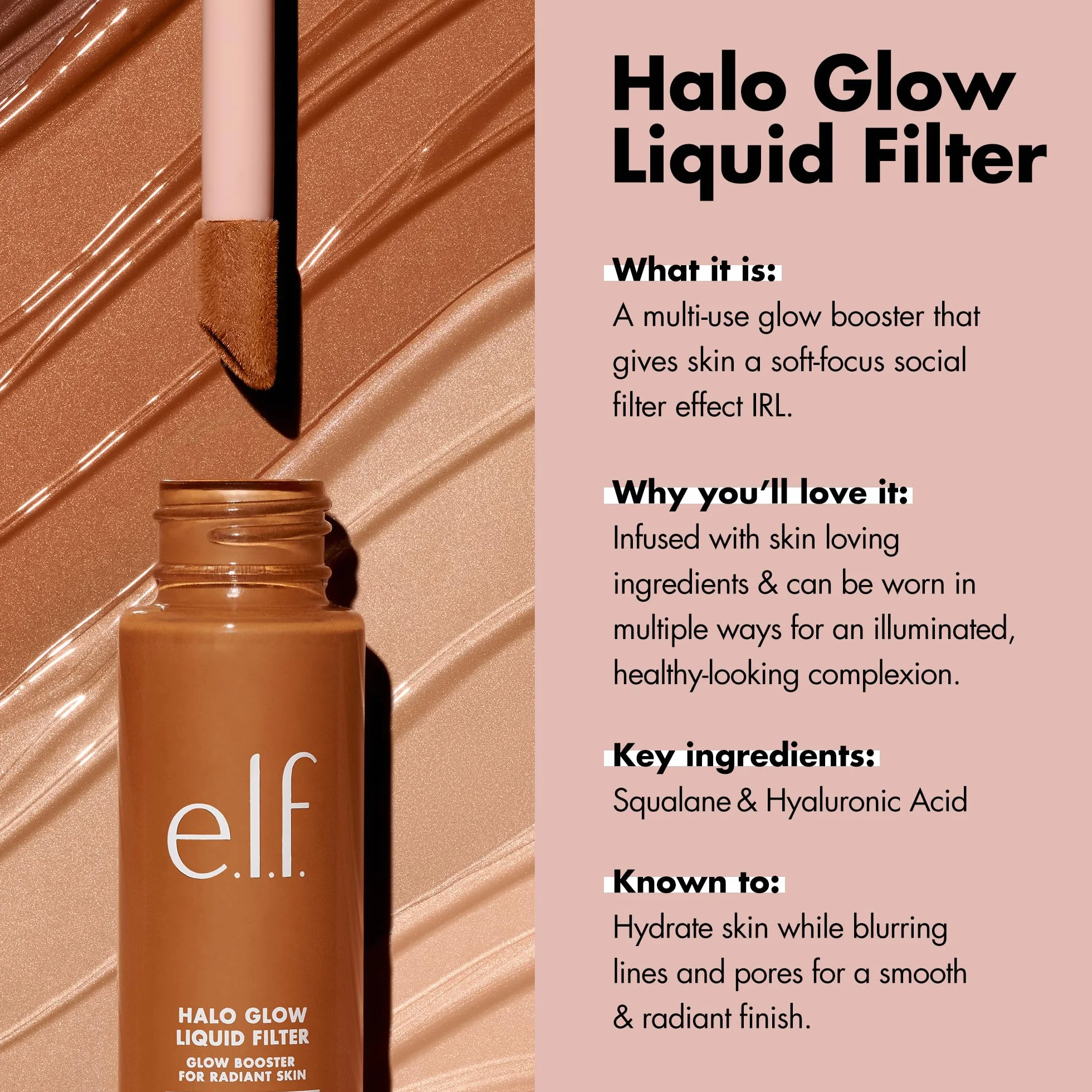 E.l.f. Halo Glow płynny filtr, wzmacniacz cery dla świecącego, miękkiego ostrości, nasycony kwasem hialuronowym, wegański i pozbawiony okrucieństwa, 0,5 jasny