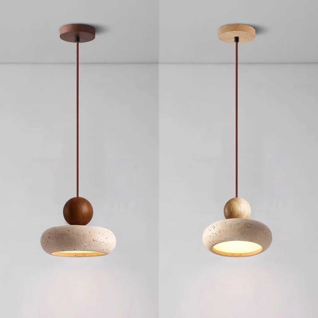 Lampa Wisząca z Trawertynu LED Styl Wabi-Sabi Drewno Okrągła Żyrandol Kamień Naturalny Mała Lampka Nocna