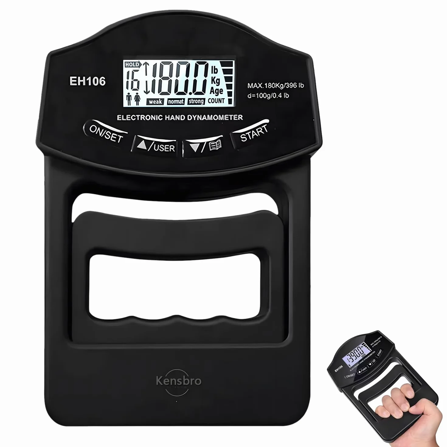 Cyfrowy miernik siły ręcznej 180 kg, dynamometr ręczny z dużym ekranem LED, USB
