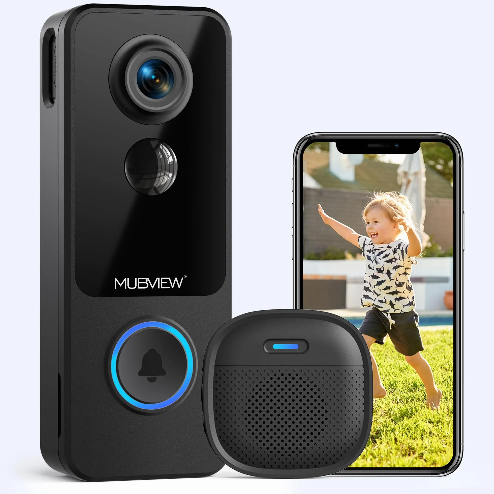 MUBVIEW Bezprzewodowy dzwonek do drzwi z kamerą HD 1080P, Wi-Fi 2,4 GHz, detekcja ruchu PIR, noktowizor, wodoodporny