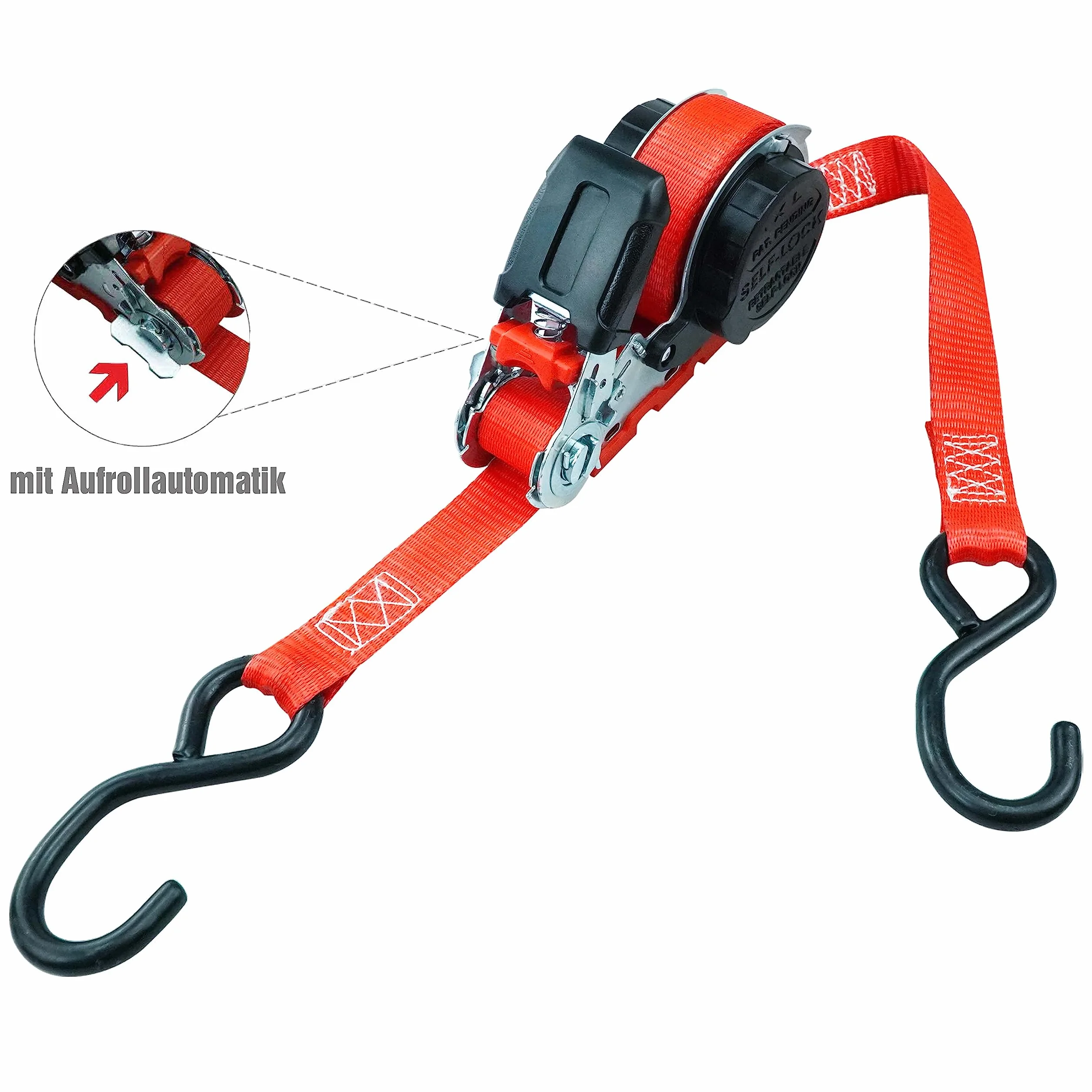 PETEX Automatyczny pas napinający z grzechotką 5 m x 25 mm 350/700 daN czerwony hak S