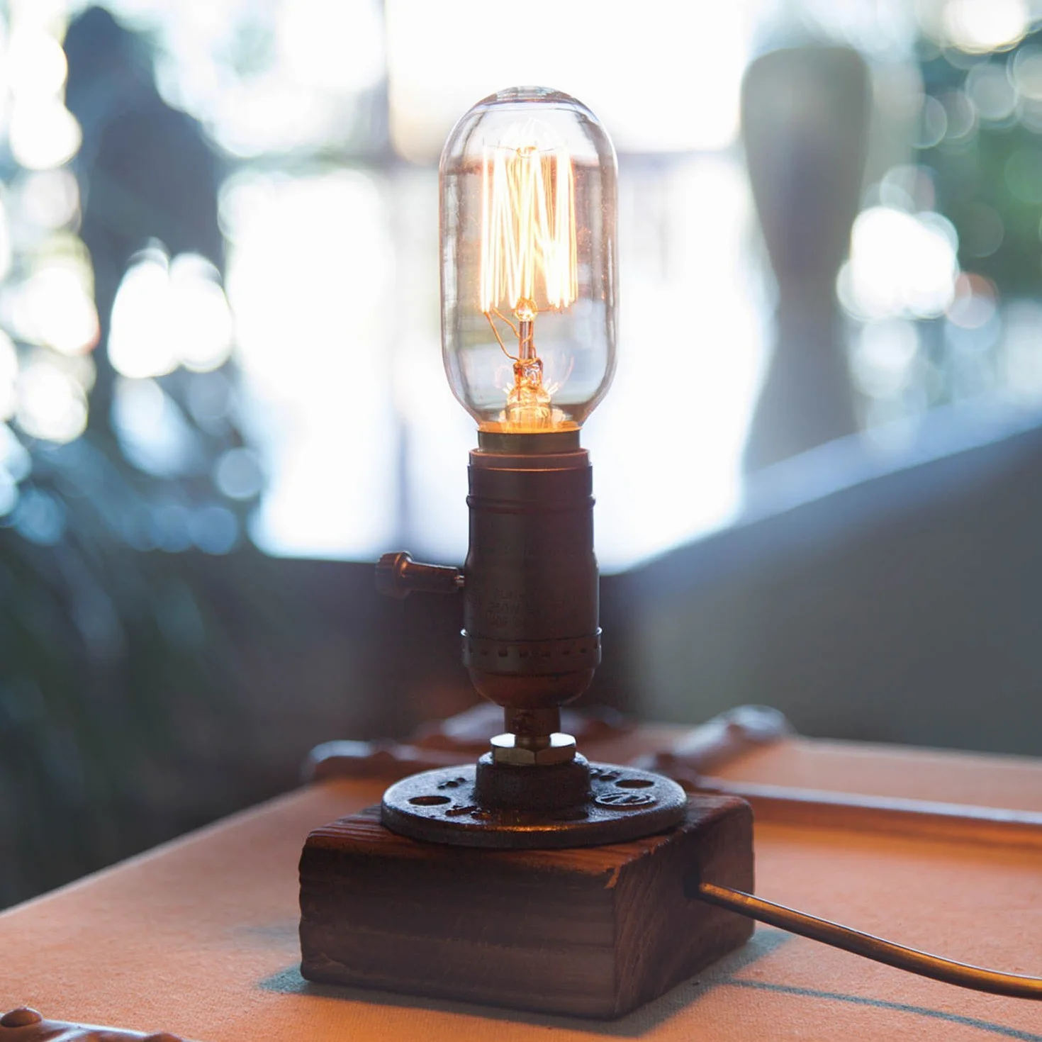 E27 vintage drewniane bloki lampa stołowa lampa biurkowa do kawiarni baru studio, lampka nocna na stolik nocny ściemniana bez żarówki