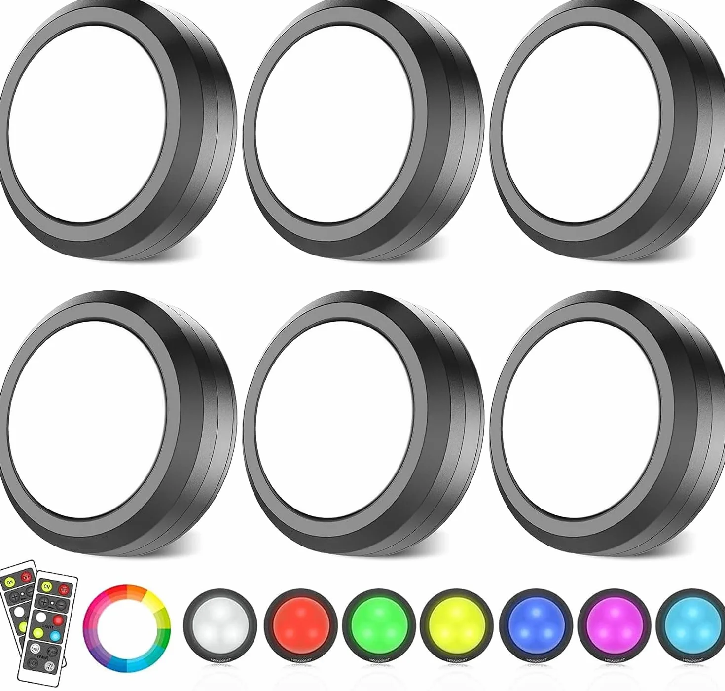 Lampy LED na baterie, 6 szt. Mini naklejka na baterie światło podszafkowe Led do schodów, szafy, szafki podszafki, kuchni, przedpokoju dziecięcego (RGB czarne)