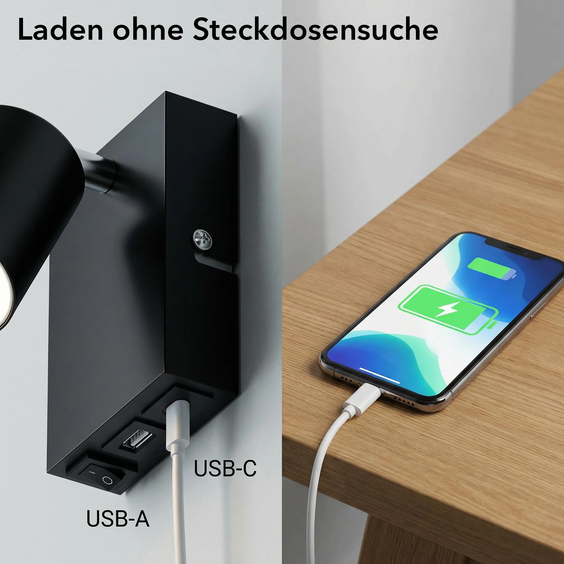 ledscom.de 2 sztuki Lampa ścienna WAIKA, 1-światło, czarna, USB-C, USB-A, z lampą LED GU10 450lm, ciepła biel