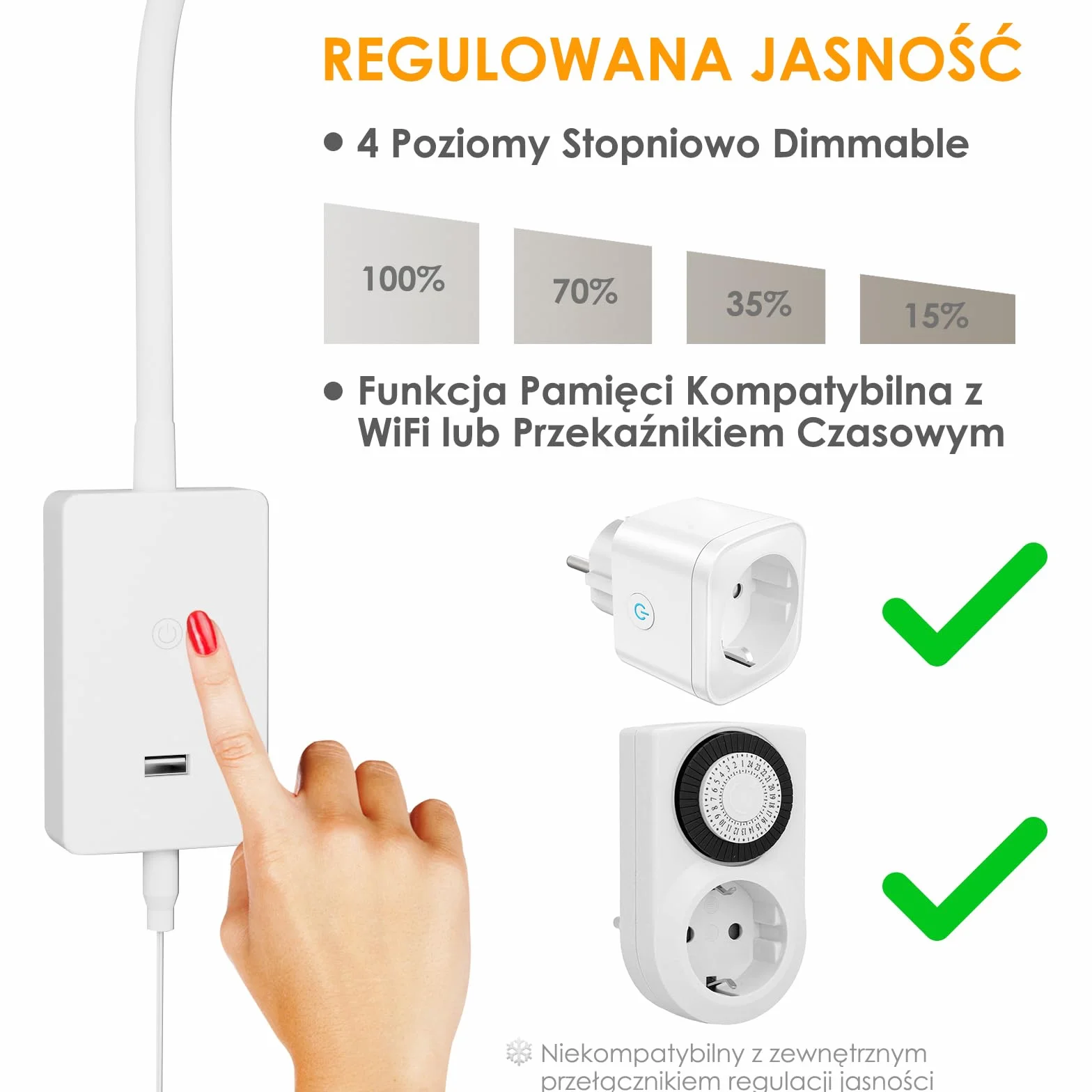 ENUOTEK Lampka Nocna LED Z Regulacją Dotyku Do Montażu Na Ścianie, Biała Kinkiet Do Czytania Z Portem USB 5V2A, Elastyczny Giętki Przewód, 4 Poziomy Jasności, Neutralne Białe