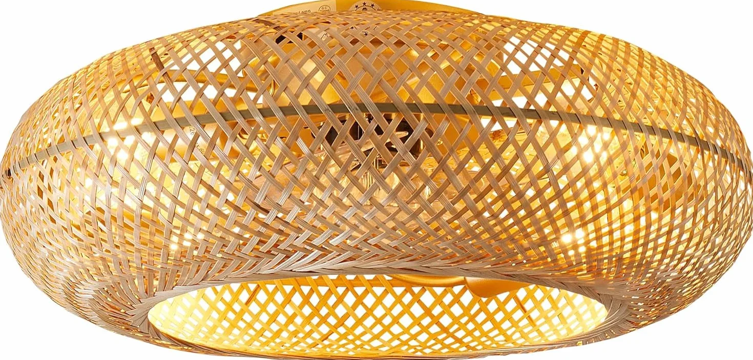 Wentylatory sufitowe E27 Retro ze światłem i pilotem cicha lampa wisząca splot bambus i rattan naturalna