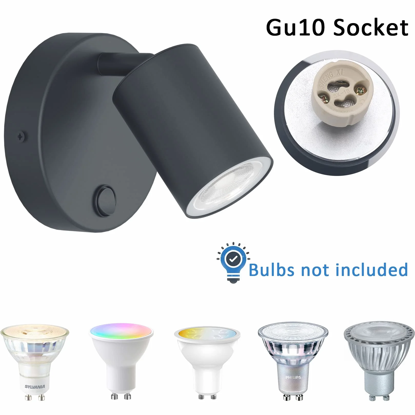 Kligthten Lampa Ścienna LED GU10 Antracytowa Obrotowa 350° z Przyciskiem Aluminiowa Nowoczesna