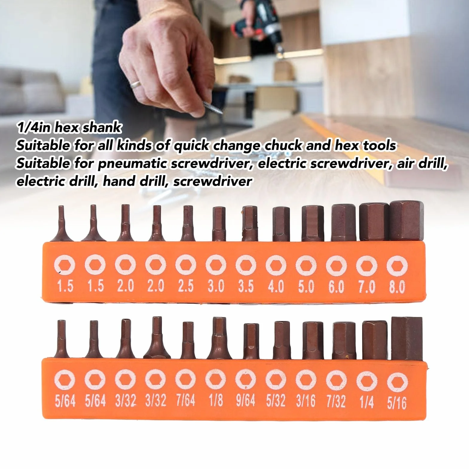 24-częściowy zestaw bitów sześciokątnych S 2 stal stopowa 1/4" 1,5-8 mm 5/64-5/16" klasy przemysłowej