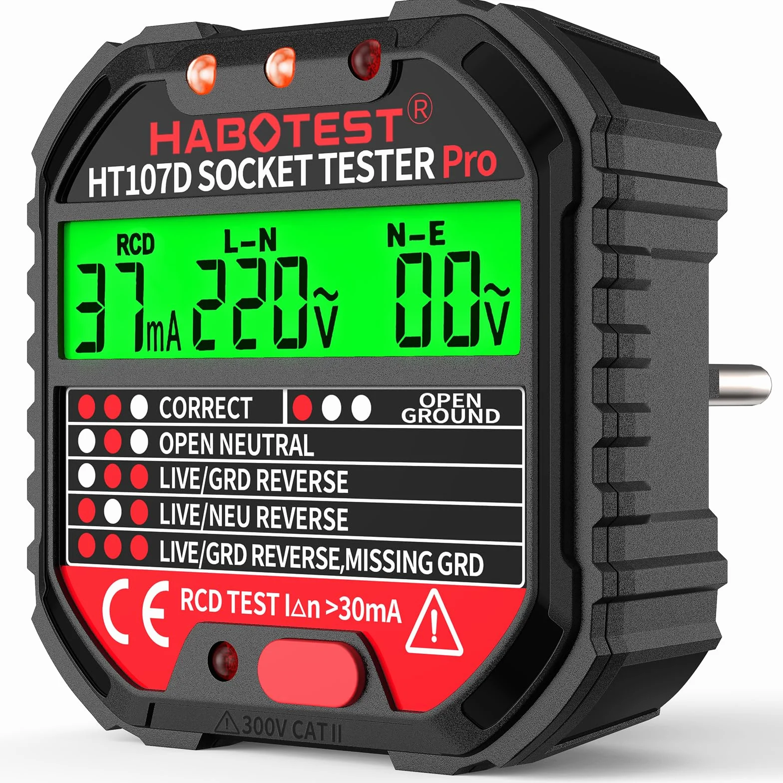 YOJOCK Tester gniazd, Tester Wtyczek RCD, tester napięcia elektrycznego z wyświetlaczem LCD, CAT.II 300V