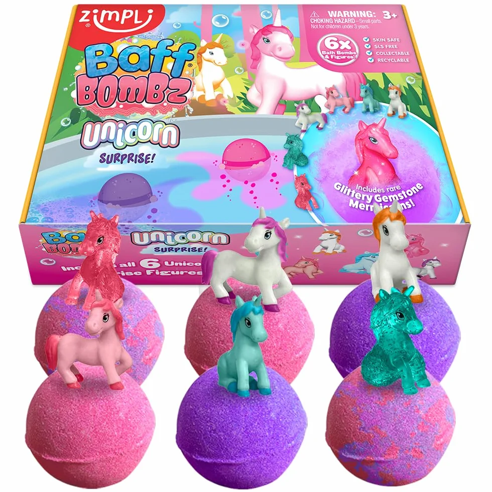ZIMPLI - 6 x duże kule do kąpieli Unicorn Surprise, 6 zabawek‑jednorożców w zestawie, zabawki do kąpieli dla dziewczynek, zestaw prezentowy musujących kul Baff Bombz, świąteczny prezent