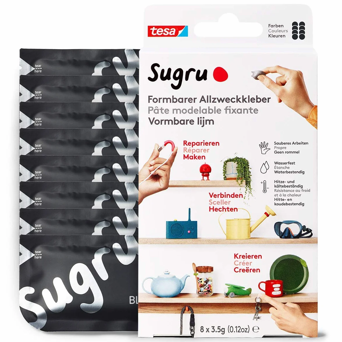 tesa® Sugru uniwersalny klej formowalny – silikonowa guma do napraw, klejenia i mocowania – ośmiopak, 8 x 3,5 g, czarny