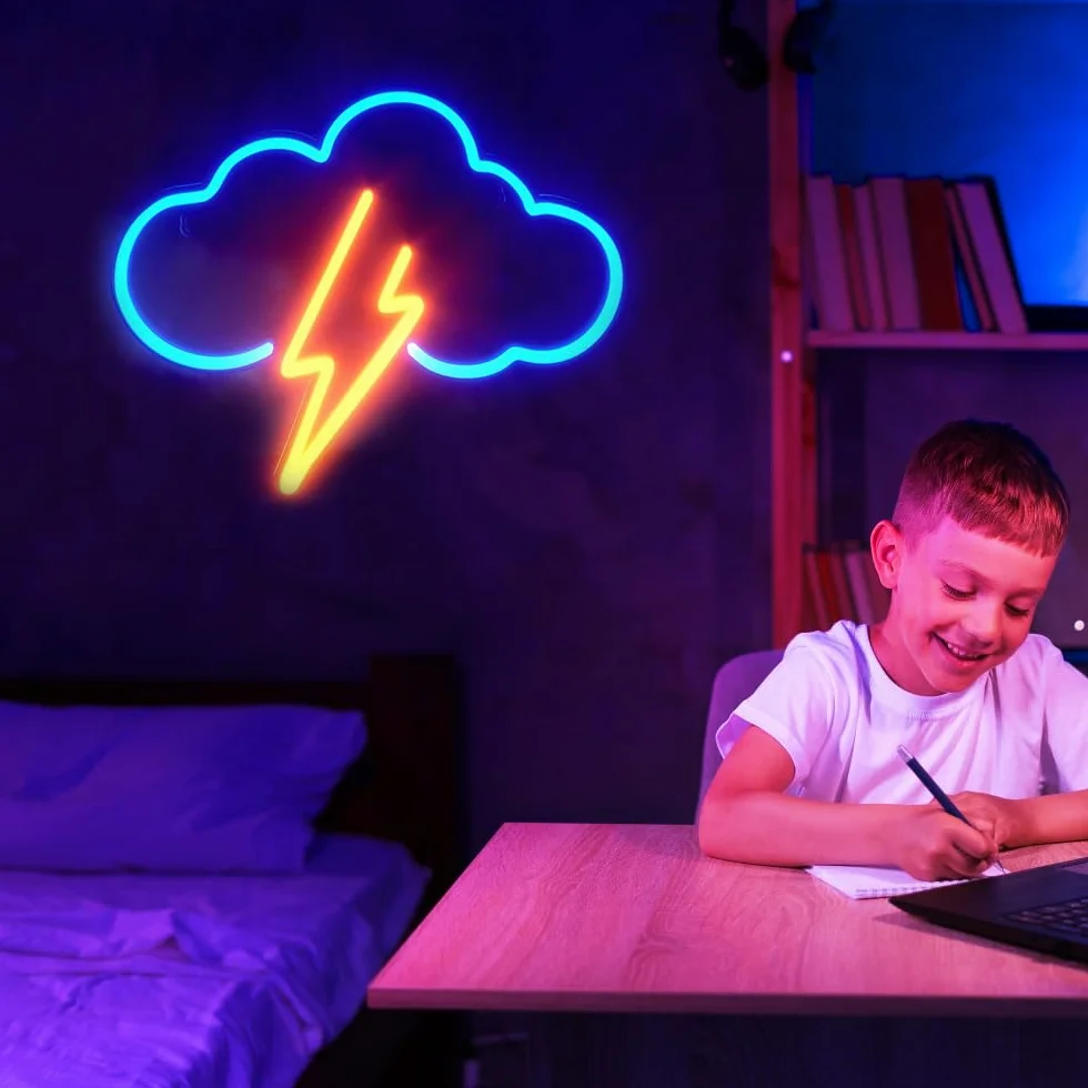 Foreverup Neonowy Znak Błyskawicy LED, Żółta Chmura Niebieski Neon, Światło do Salonu Pokoju Dziecięcego