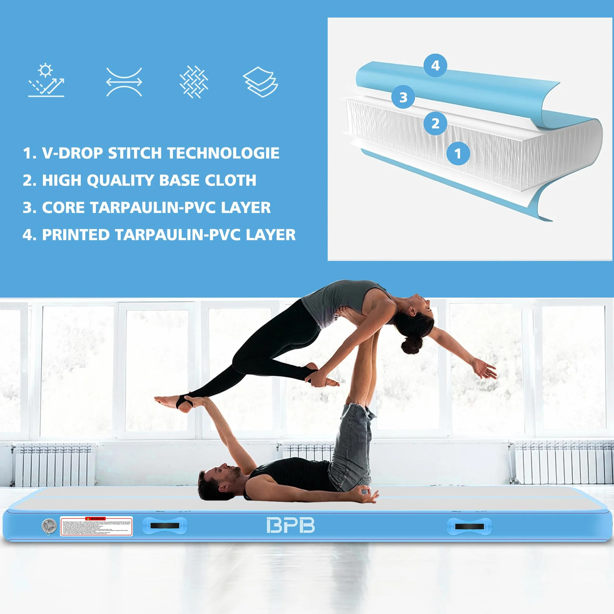 BPB Air Matte Track Tumbling Mata Gimnastyczna, 3 m, Nadmuchiwana do Treningu i Ćwiczeń, 10 cm Wysokości, z Pompką, do Domu, Gimnastyki, Cheerleadingu, Jogi