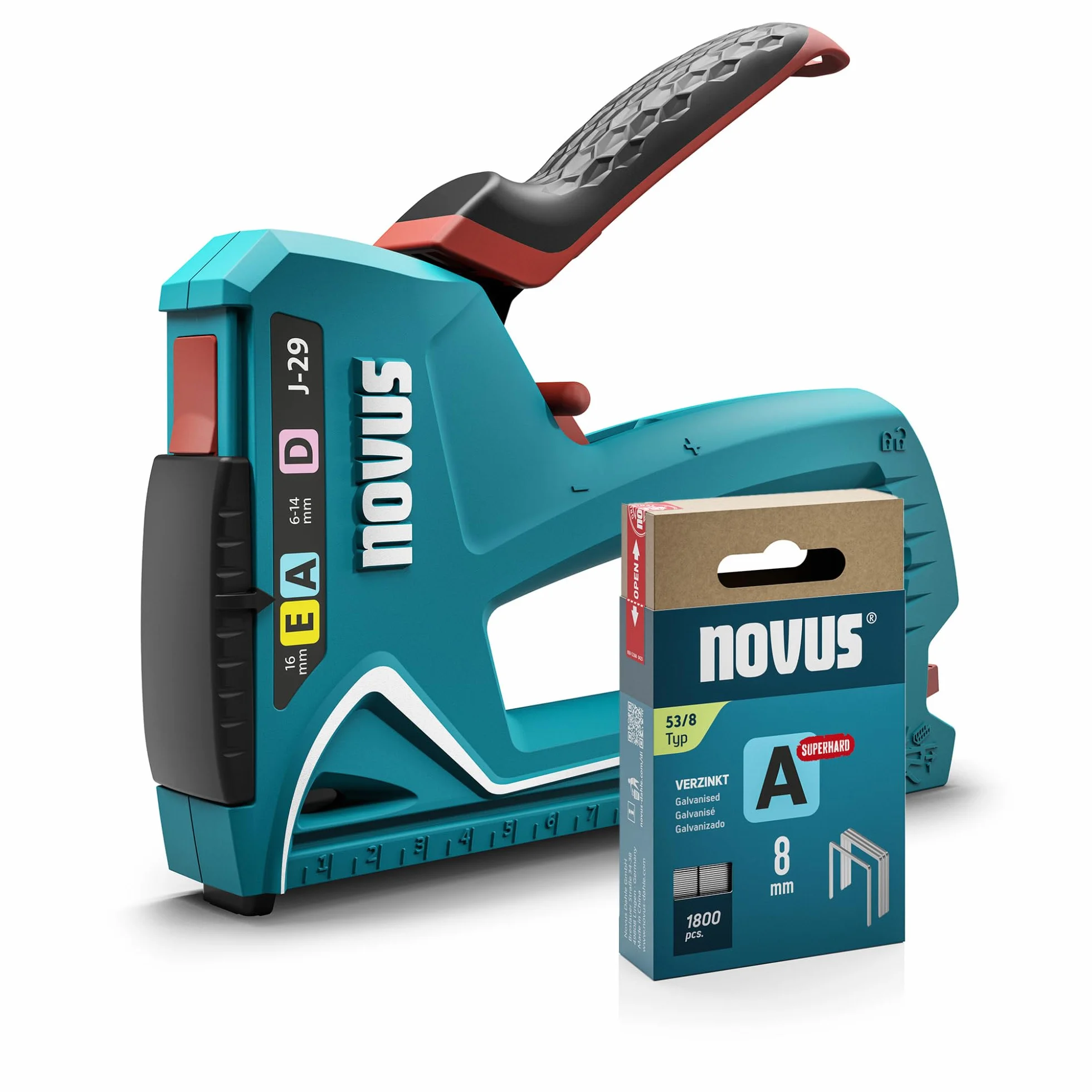 NOVUS TOOLS Zszywacz ręczny J-29 1800 zszywek metalowa obudowa miękki uchwyt zszywki 6-14 mm