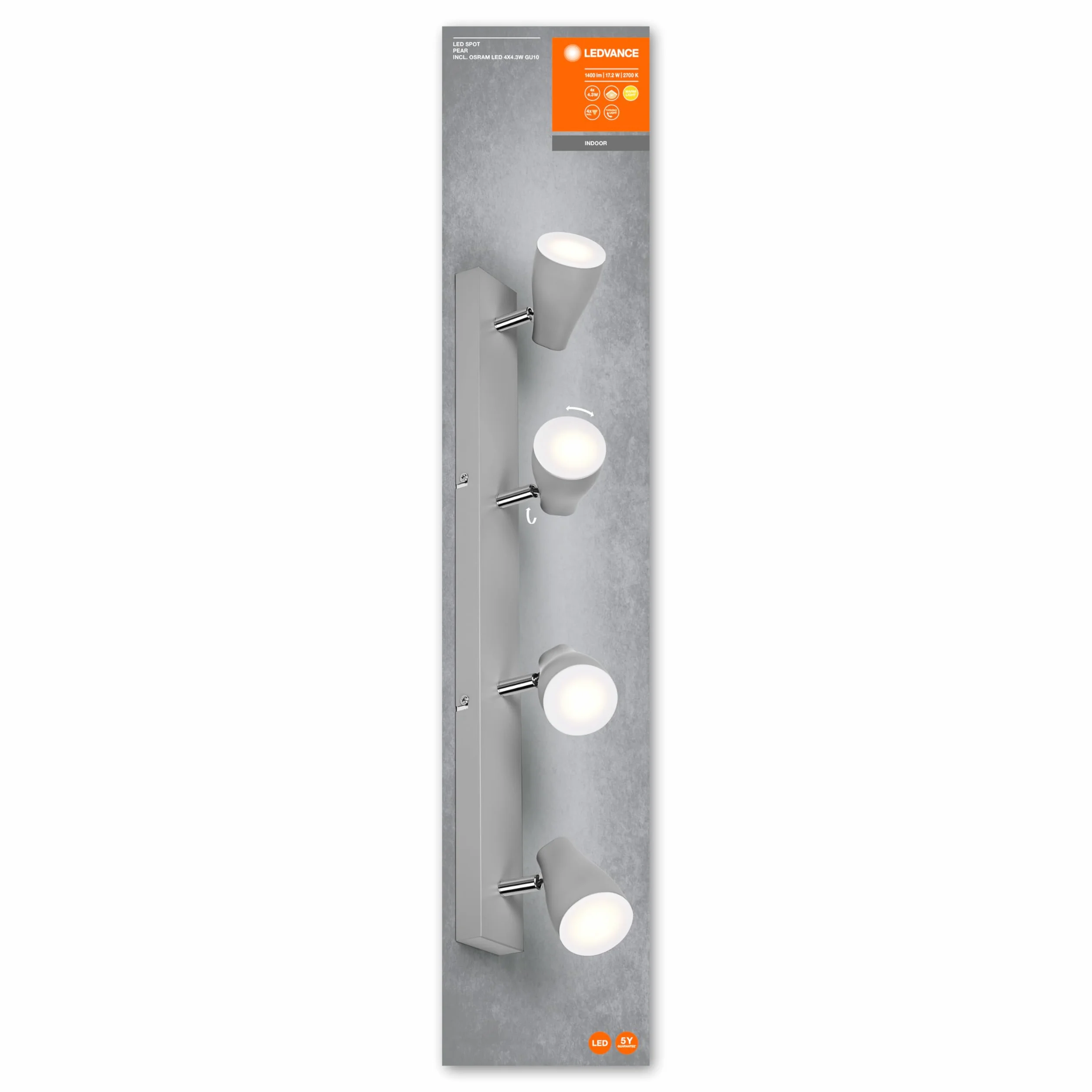LEDVANCE LED Punktowe Plamki Gruszki 600 mm, Szary, 17.2 W, 840 LM, Oferuje Ukierunkowane Światło o Ciepłym Białym Jasnym Kolorze, z Elastycznymi Reflektorami Gu10, Klasa Ochrony Ip20, 2700K