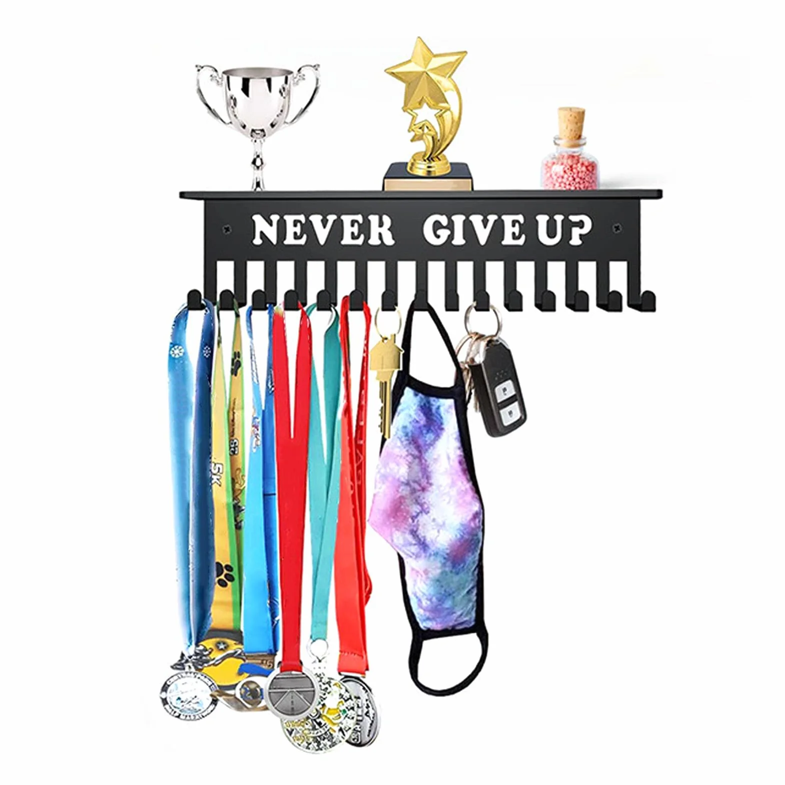 Cryfokt Never Give Up Wieszak ekspozycyjny na medal, ze stali węglowej, uchwyt na medal, rama z haczykami, solidny wodoodporny sportowy organizer do przechowywania medali do zawieszania kluczy, medali
