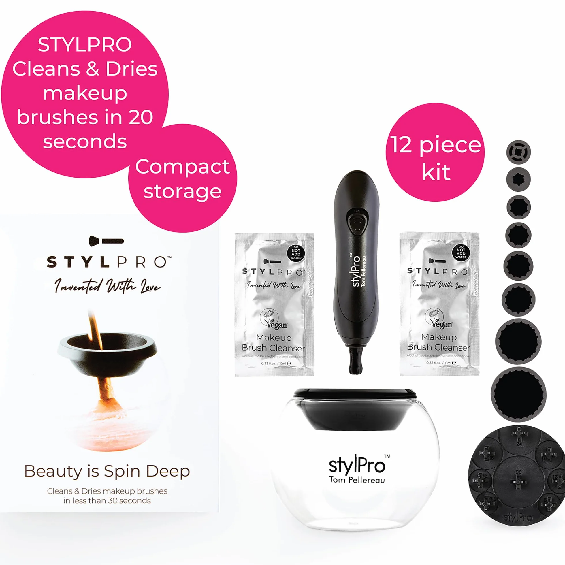 STYLPRO Suszarka do czyszczenia pędzli do makijażu 2 w 1 – najlepsza elektryczna szczotka do makijażu pralka 30 sekund sucha – wegański produkt kosmetyczny od Inventor Tom Pellereau