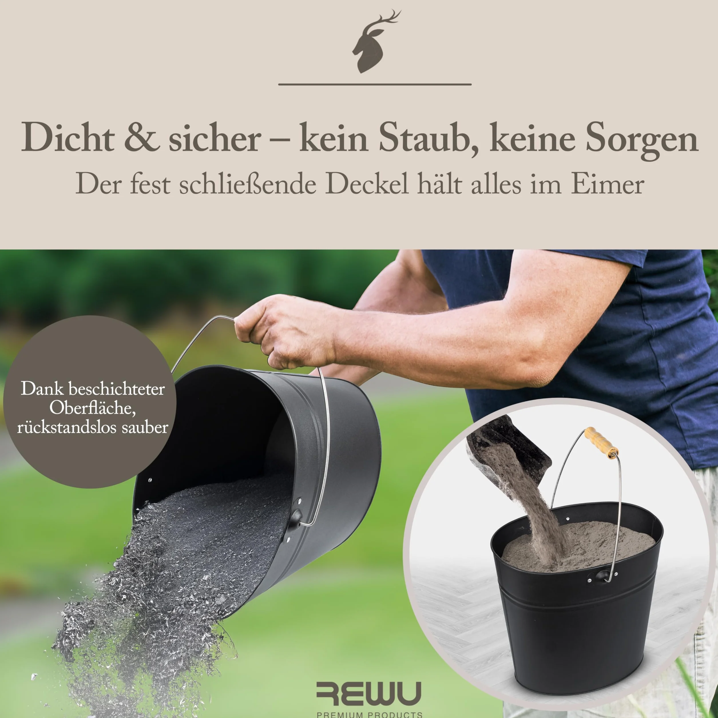 ReWu Stahleimer Ascheeimer Mehrzweckeimer oval mit Deckel für heiße Glut und Asche - Größe 15 l - Kohleeimer Kamineimer in matt schwarz