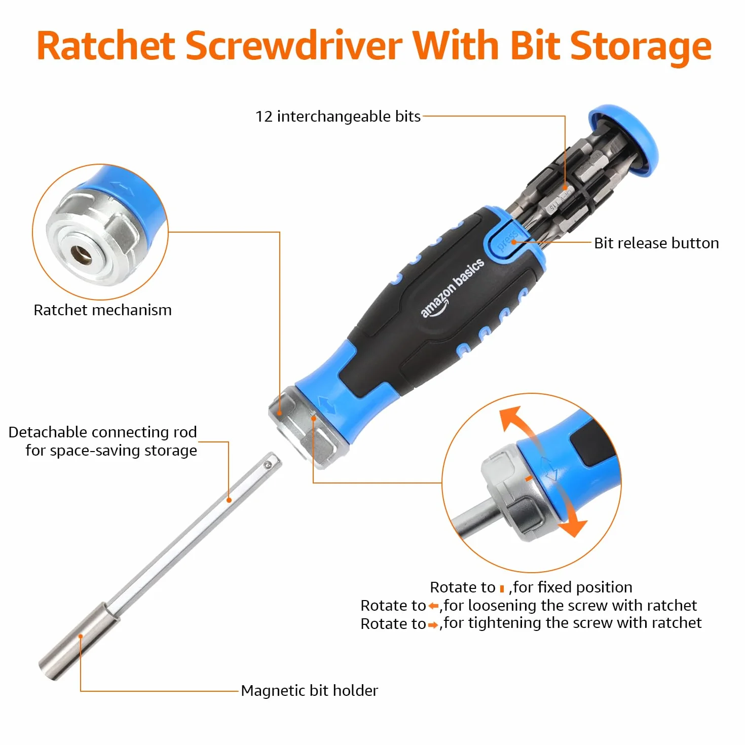 Amazon Basics Wkrętak magnetyczny z grzechotką, 12 w 1