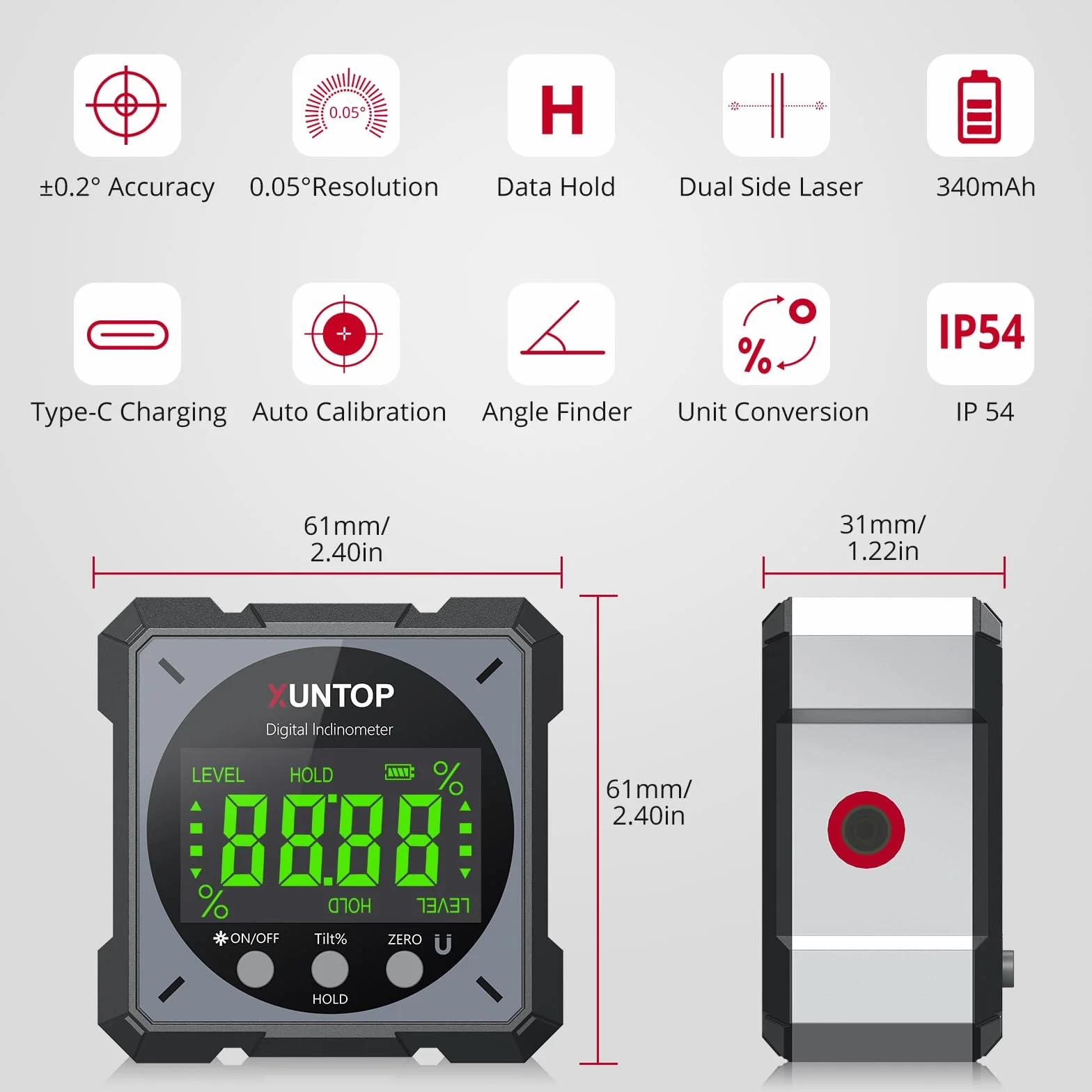 XUNTOP Cyfrowy kątomierz inklinometr poziomica laserowa z wyświetlaczem LCD IP54 Wodoodporna magnetyczna skrzynka niwelacyjna