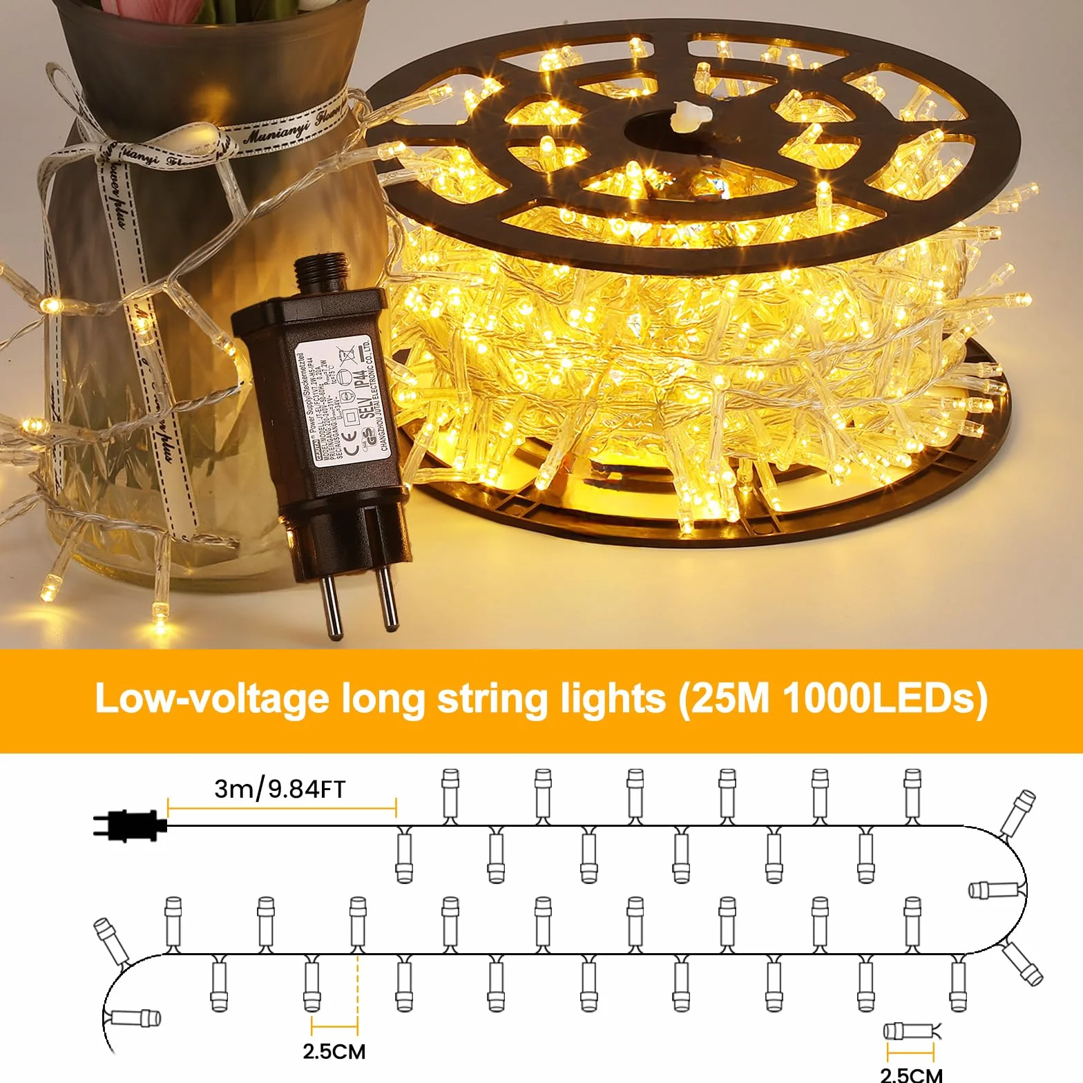 Elegear Łańcuch Świetlny LED 25M 1000 Diod IP44 8 Trybów Przezroczysty Kabel Ciepła Biała