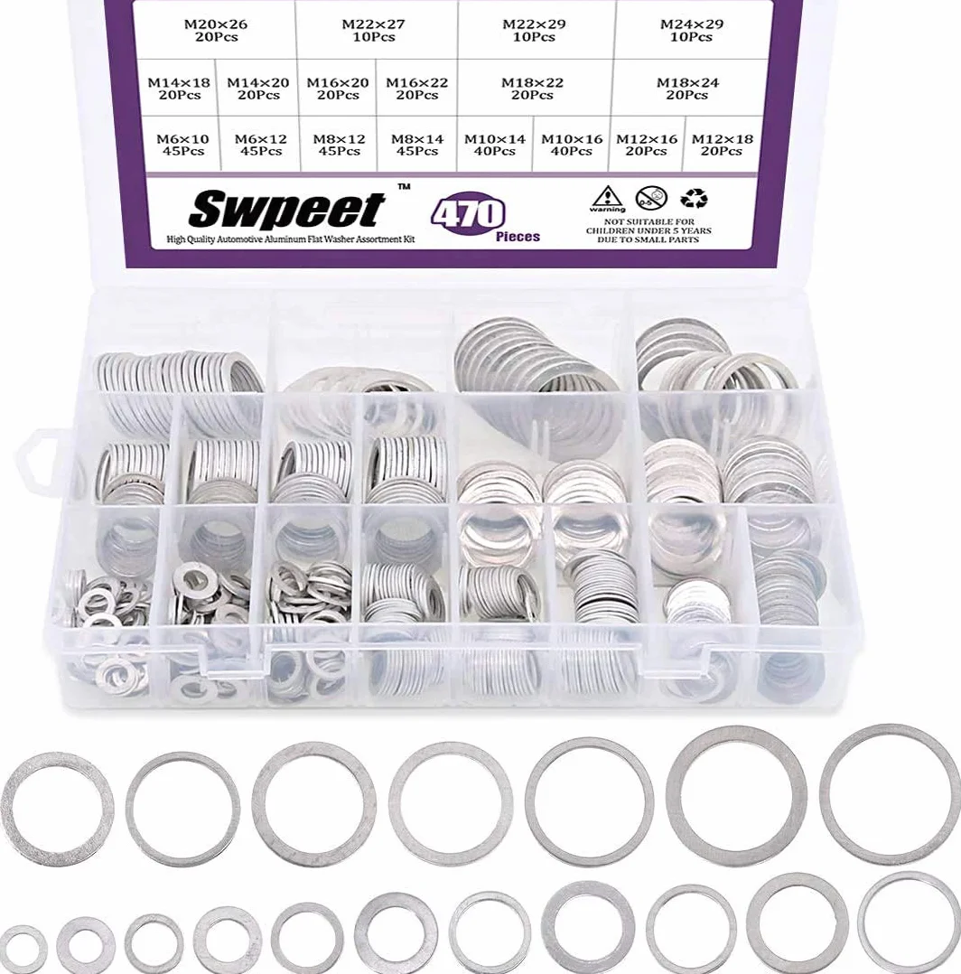 Swpeet 470 szt. Samochodowy aluminiowy zestaw podkładek płaskich M6 M8 M10 M12 M14 M16 M18 M22 M24