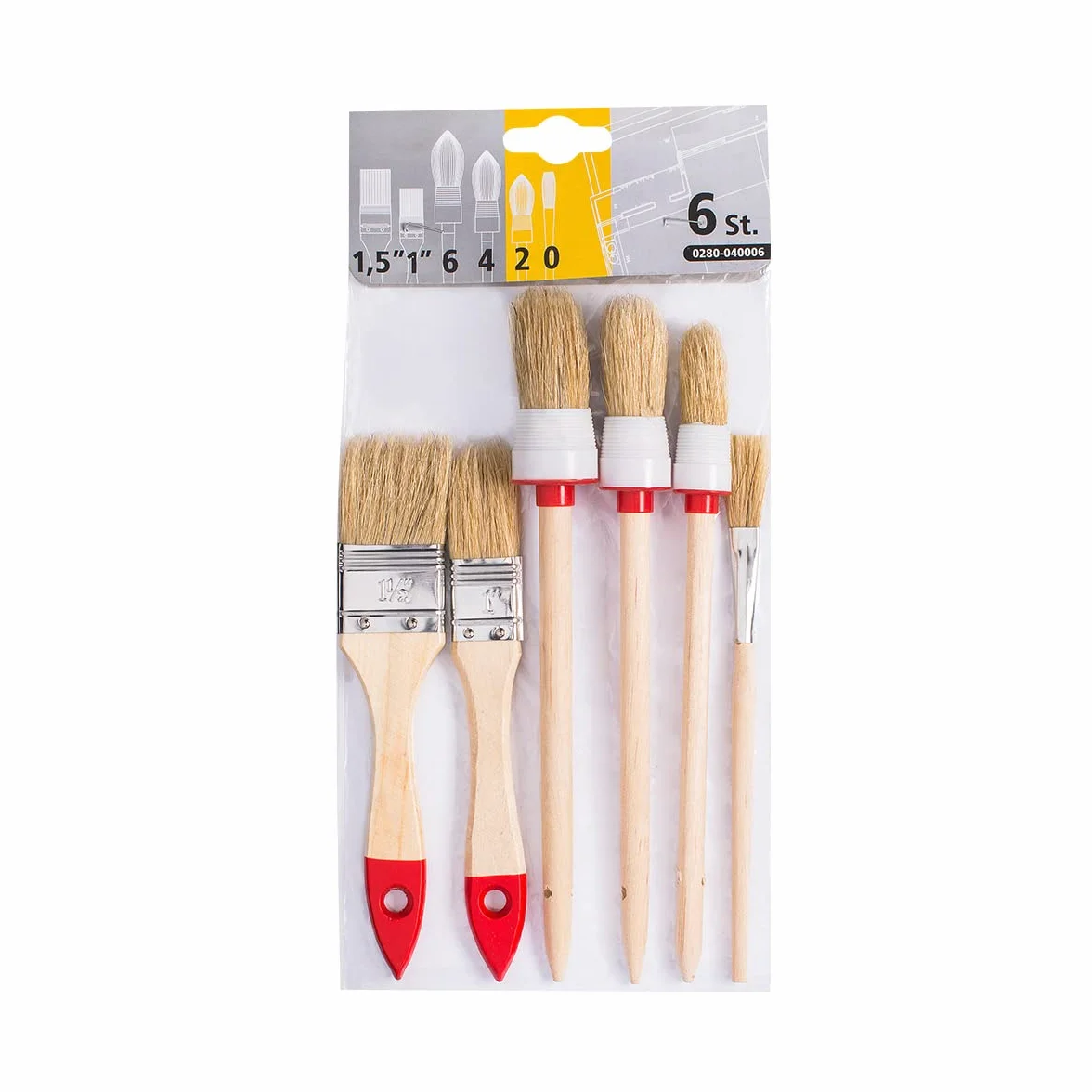 Zestaw 6 pędzli malarskich 3 płaskie 3 okrągłe 1,5" 2" 4" 6" włosie naturalne
