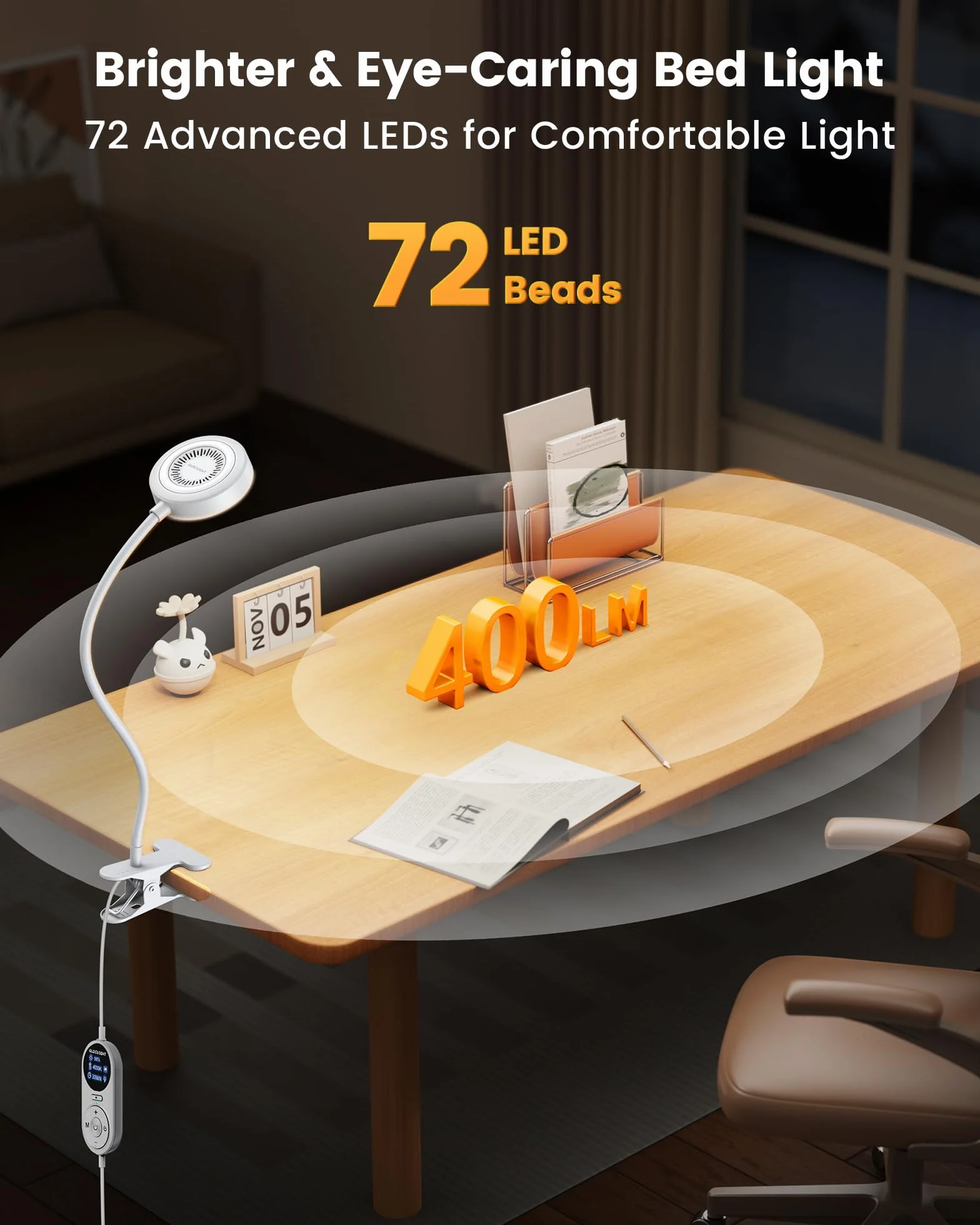 Glocusent Lampka do czytania do łóżka, 72 LED lampa zaciskowa z 3 kolorami i 5 poziomami jasności, elastyczna lampka do łóżka z pomarańczowym światłem nocnym, 30/60-minutowy timer, ochrona oczu, do