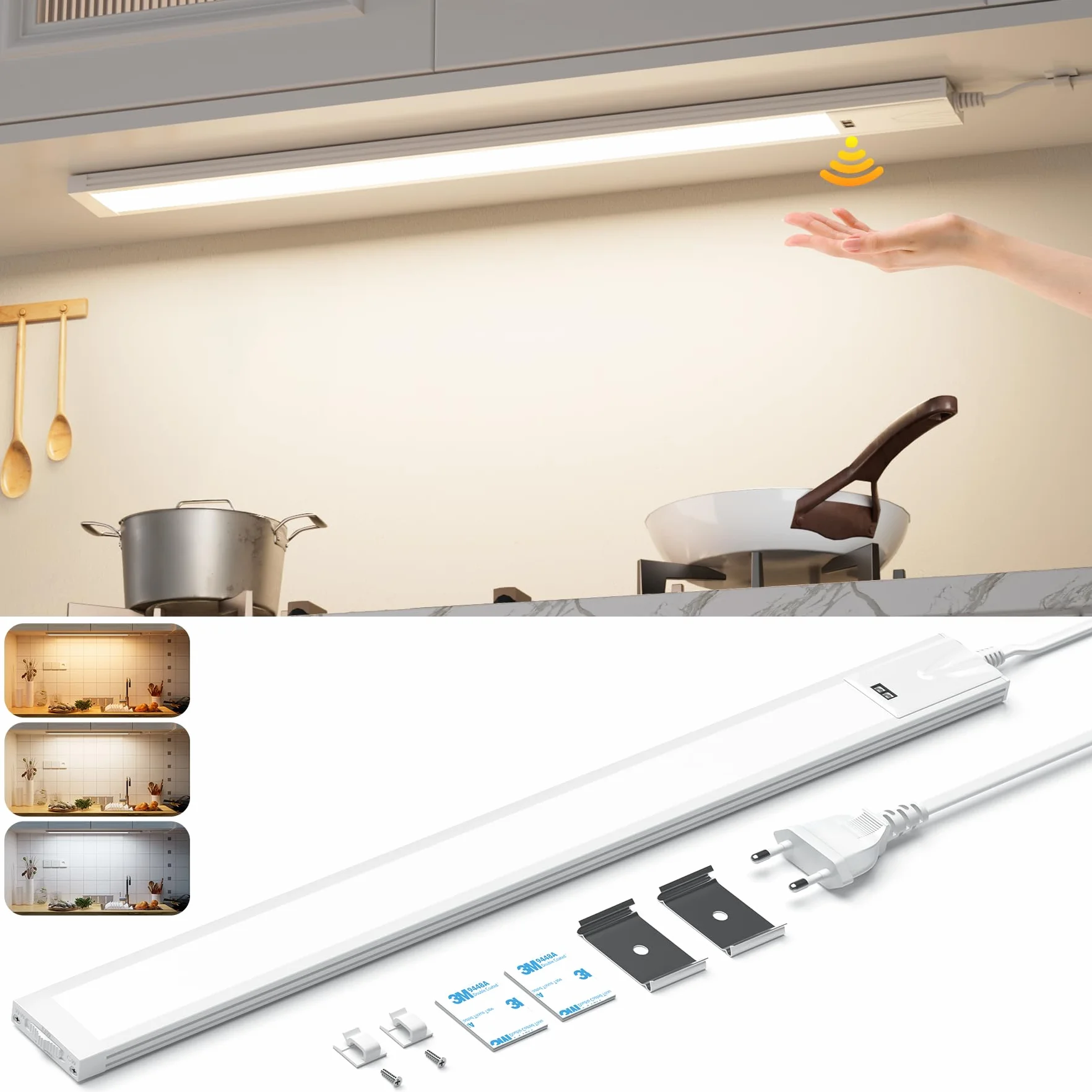 Lureshine Lampa podszafkowa LED z możliwością ściemniania, 41 cm, oświetlenie kuchni z czujnikiem bezdotykowym, 3 temperatury barwowej, światło kuchenne, ultra cienka listwa świetlna do szafy, regału,