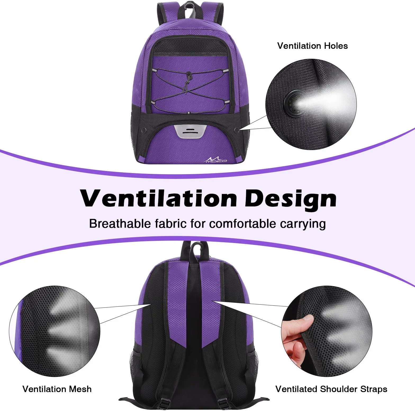 MoKo Basketball Bag Backpack, Soccer Backpack for Men & Women with Separate Ball and Shoes Compartments, Water-Resistant, Fence Hook, Sports Bag for Clothes, Shoes, Tablets, Laptops, Purple