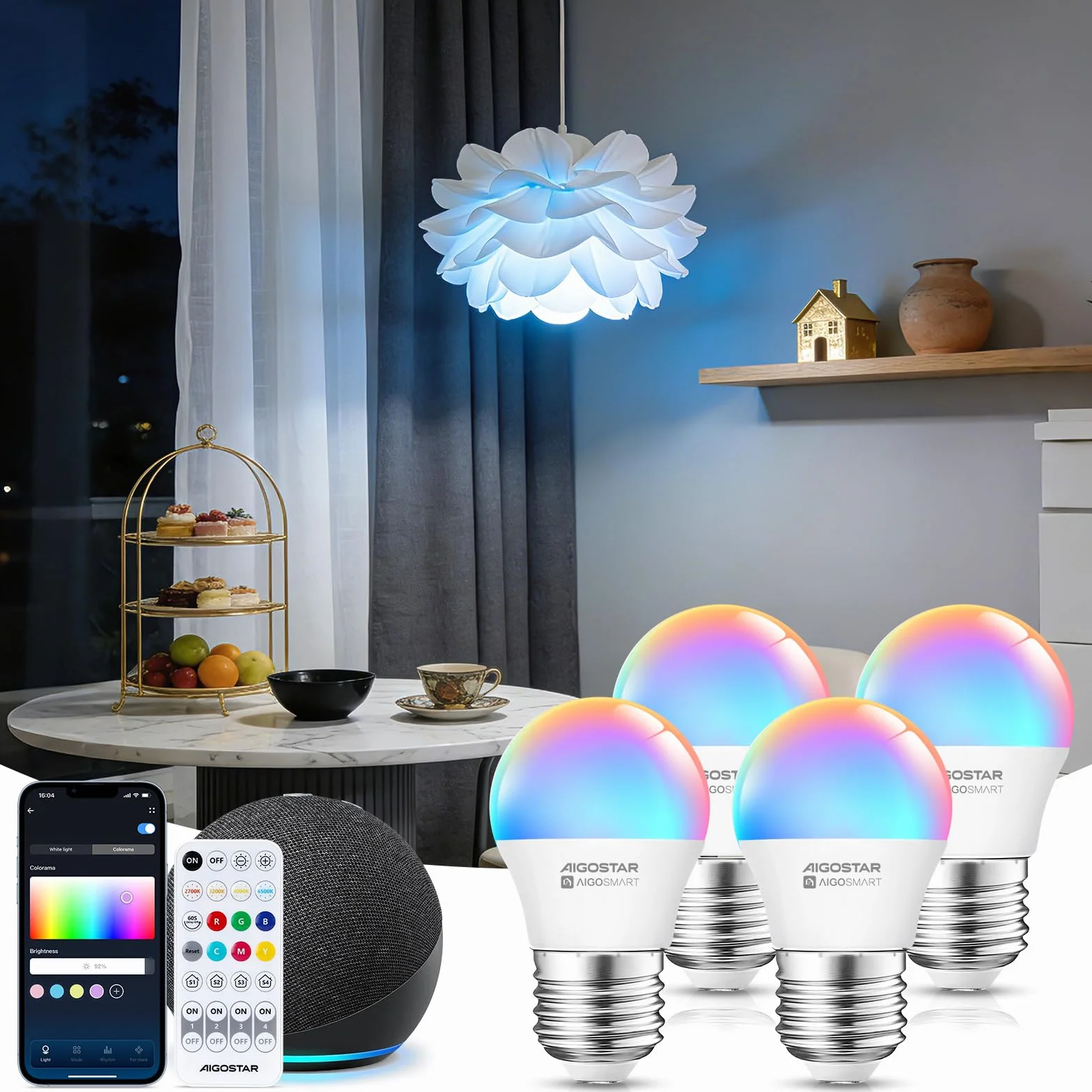 Aigostar - Inteligentna żarówka G45 Mesh Bluetooth. 2700–6500K, ściemnialna RGB. Gwint E27, 6,5 W, 555 lm. Inteligentna żarówka LED kompatybilna z Alexą. W zestawie pilot. 4 sztuki
