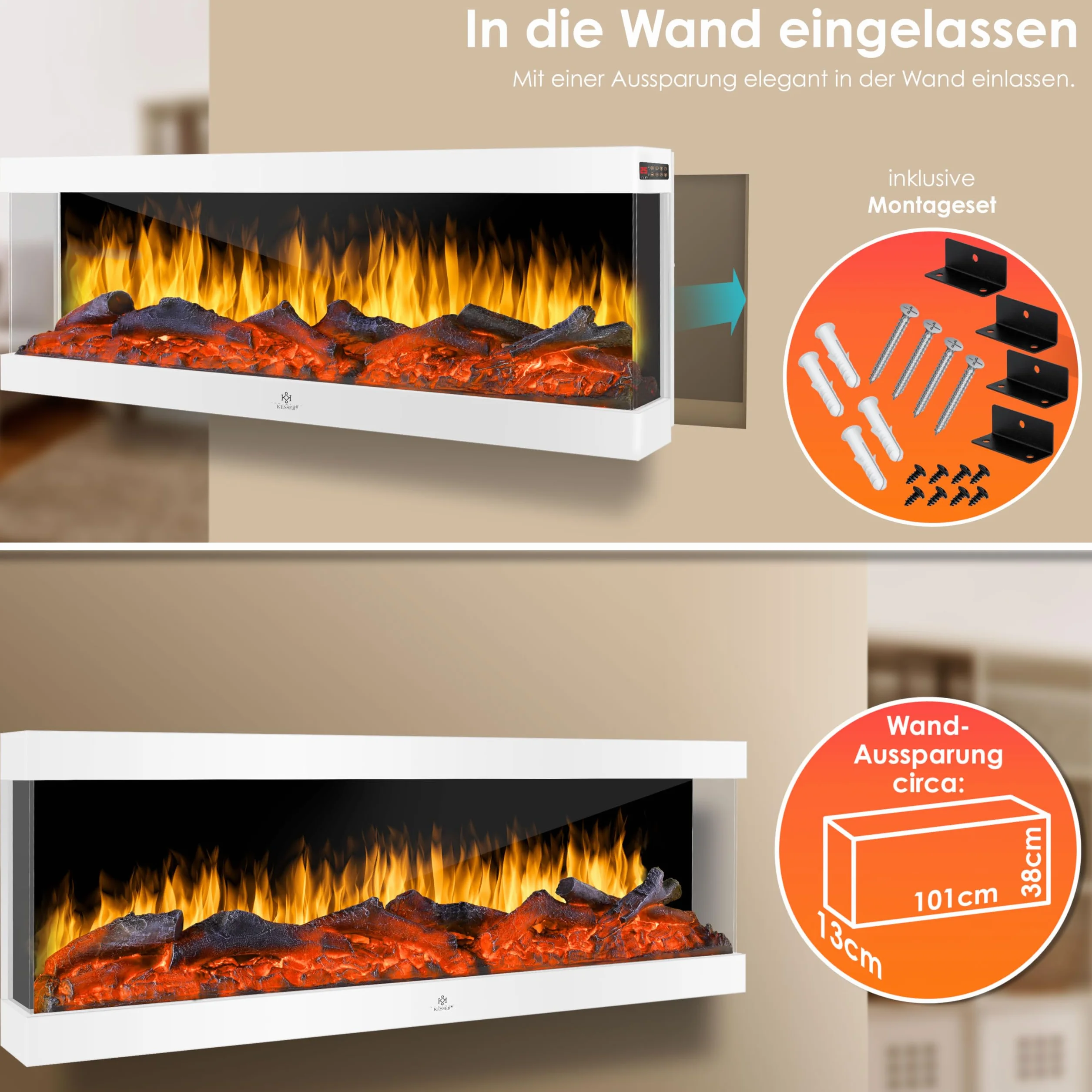 KESSER Kominek elektryczny 3D ścienny 900/1800 W 9 trybów LED efekt płomienia z ogrzewaniem