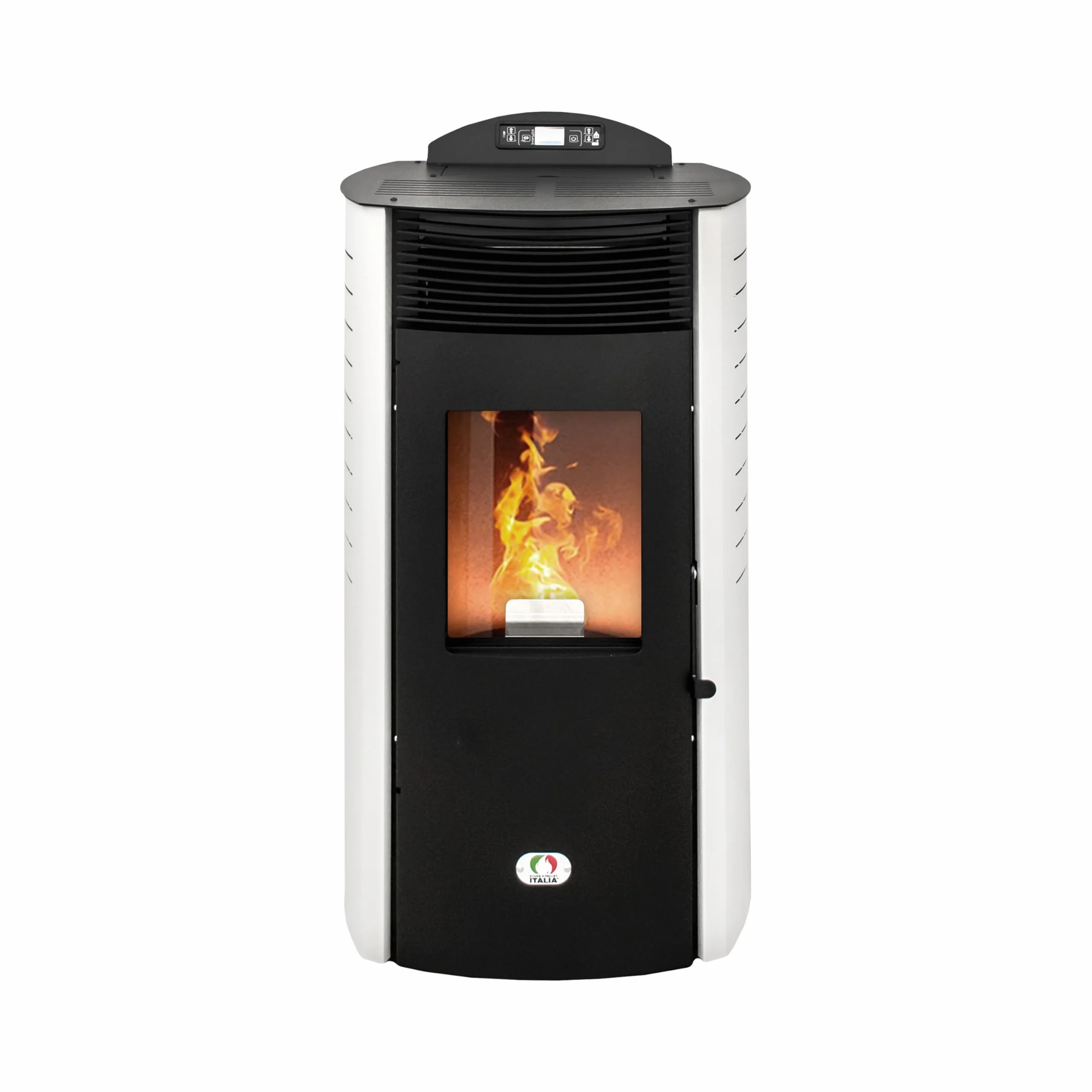 STUFE A PELLET ITALIA Syberia New 15 kW kanał WiFi - piec wentylowany efektywność 92% ciepła 140 m² czas pracy 30 h, programowalny 5 prędkości i mocy, 24 miesiące biały