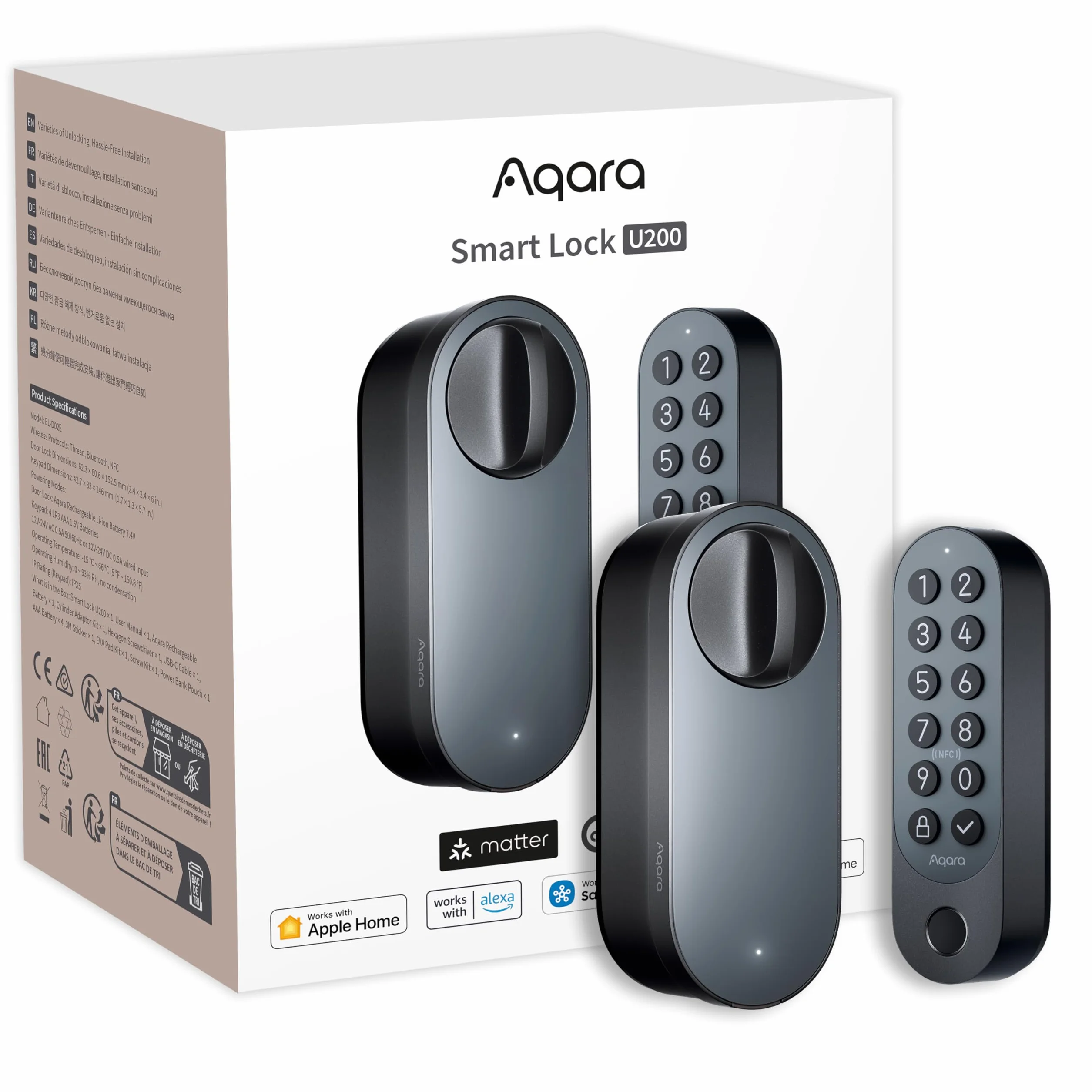 Aqara Inteligentny Zamek U200 (w zestawie klawiatura na odcisk palca), Matter over Thread, Apple Home Key i Akumulatorem, Obsługuje Apple Home, Google, Alexa i SmartThings, Czarny