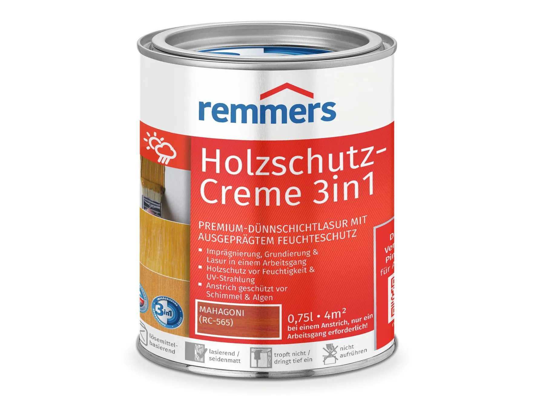 Remmers Krem ochronny do drewna 3 w 1, mahoń, 0,75 l, lazura do drewna na zewnątrz