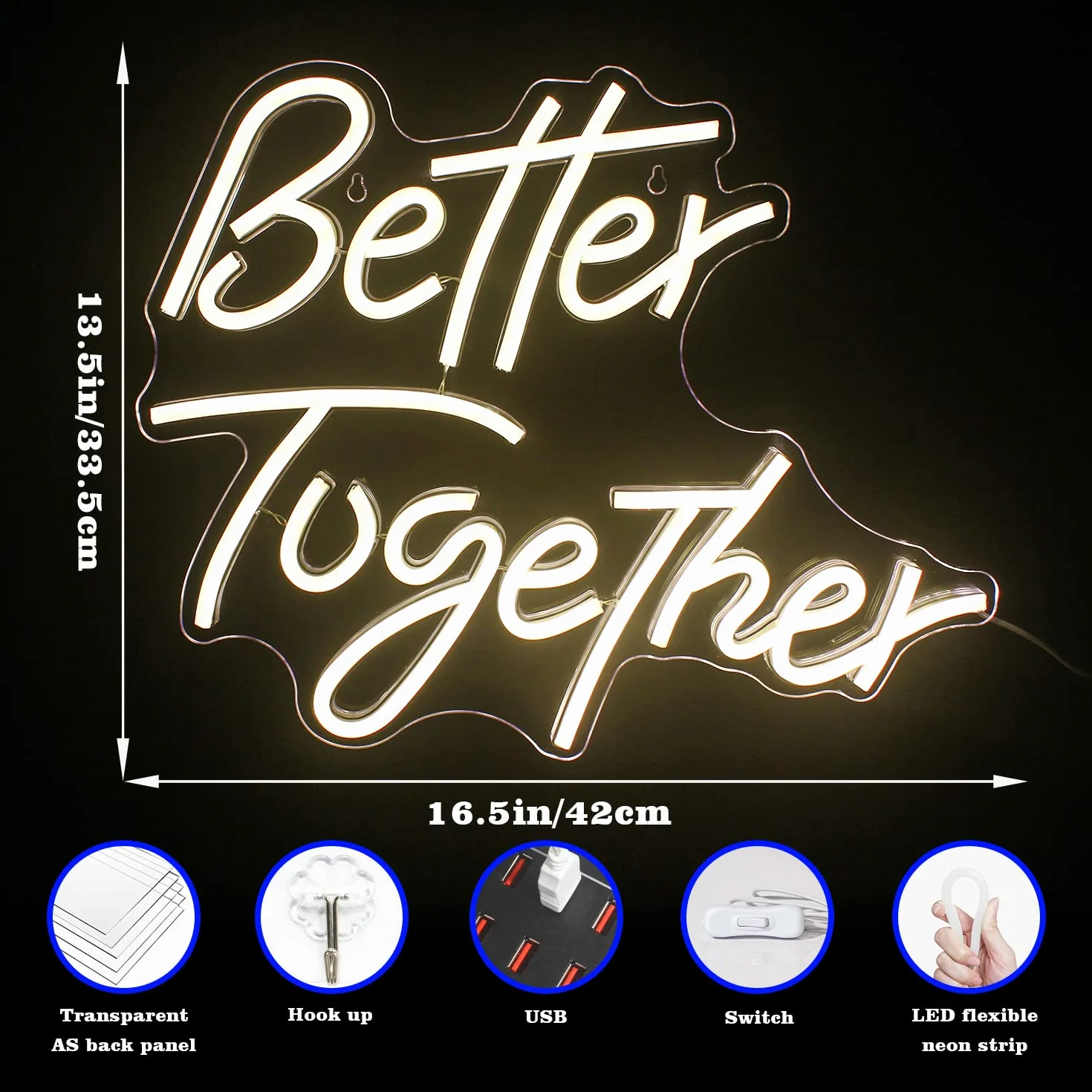 Looklight Better Together neonowy szyld LED, ciepła biel, dekoracja ścienna, litera USB, neonowe światło do sypialni, na wesele, urodziny, imprezę, do baru, pokoju, jako dekoracja na prezent