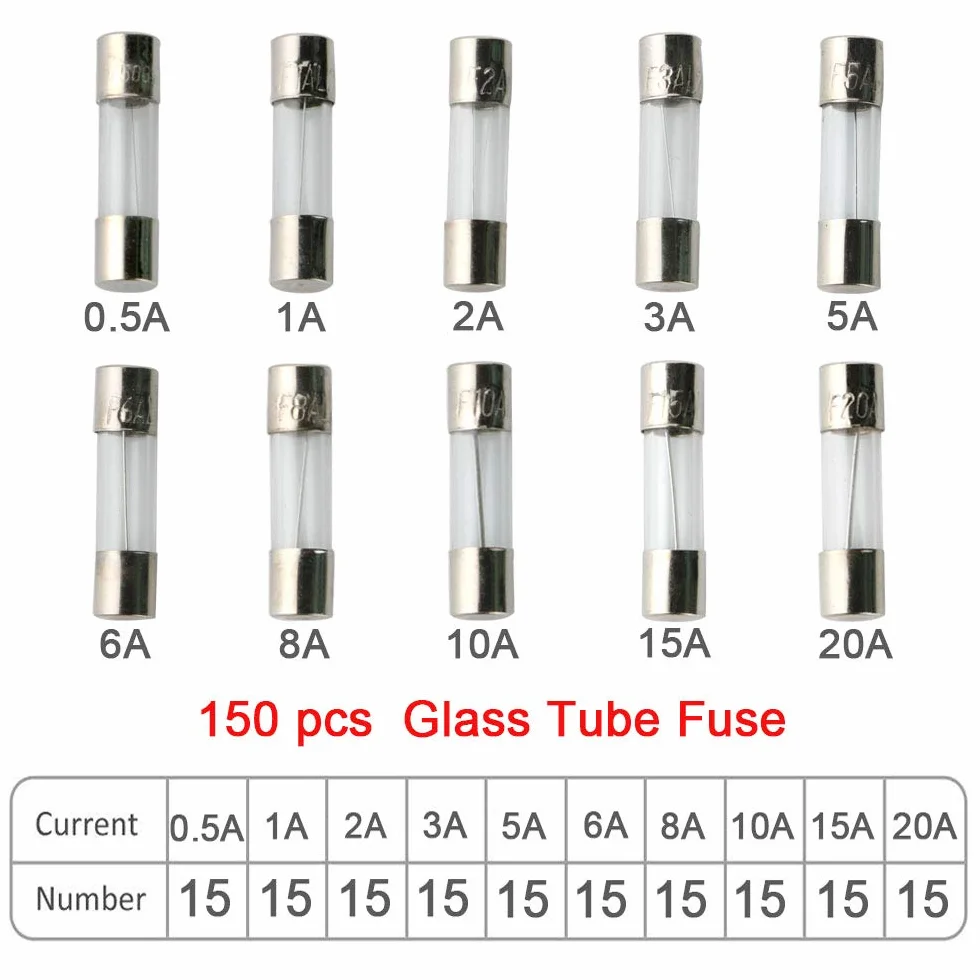 FULARR Zestaw bezpieczników szybkozłączka 5x20 mm 0,5A 1A 2A 3A 5A 6A 150 szt.