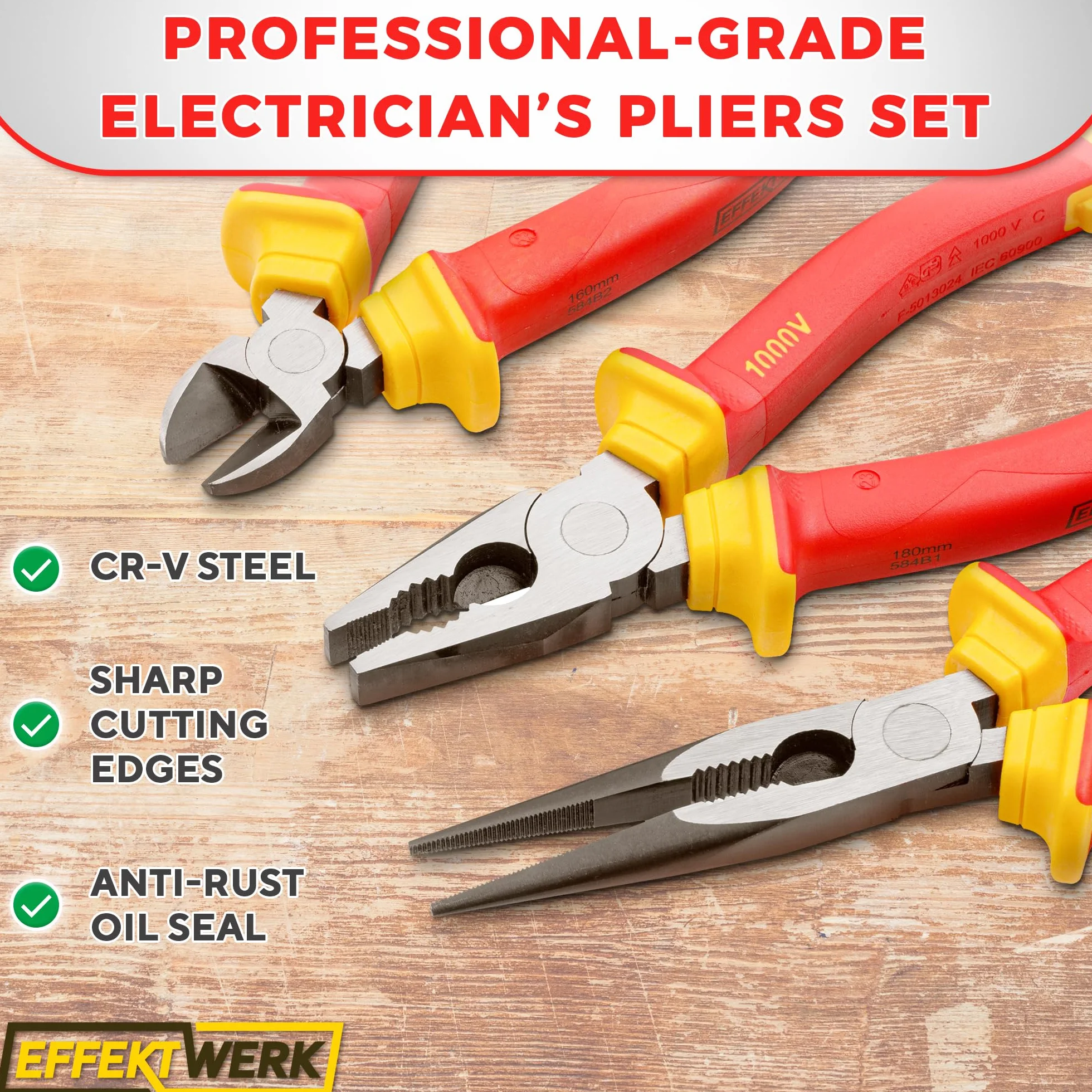 Electricians Pliers Set 3pc VDE Insulated Combination Long Nose Side Cutters